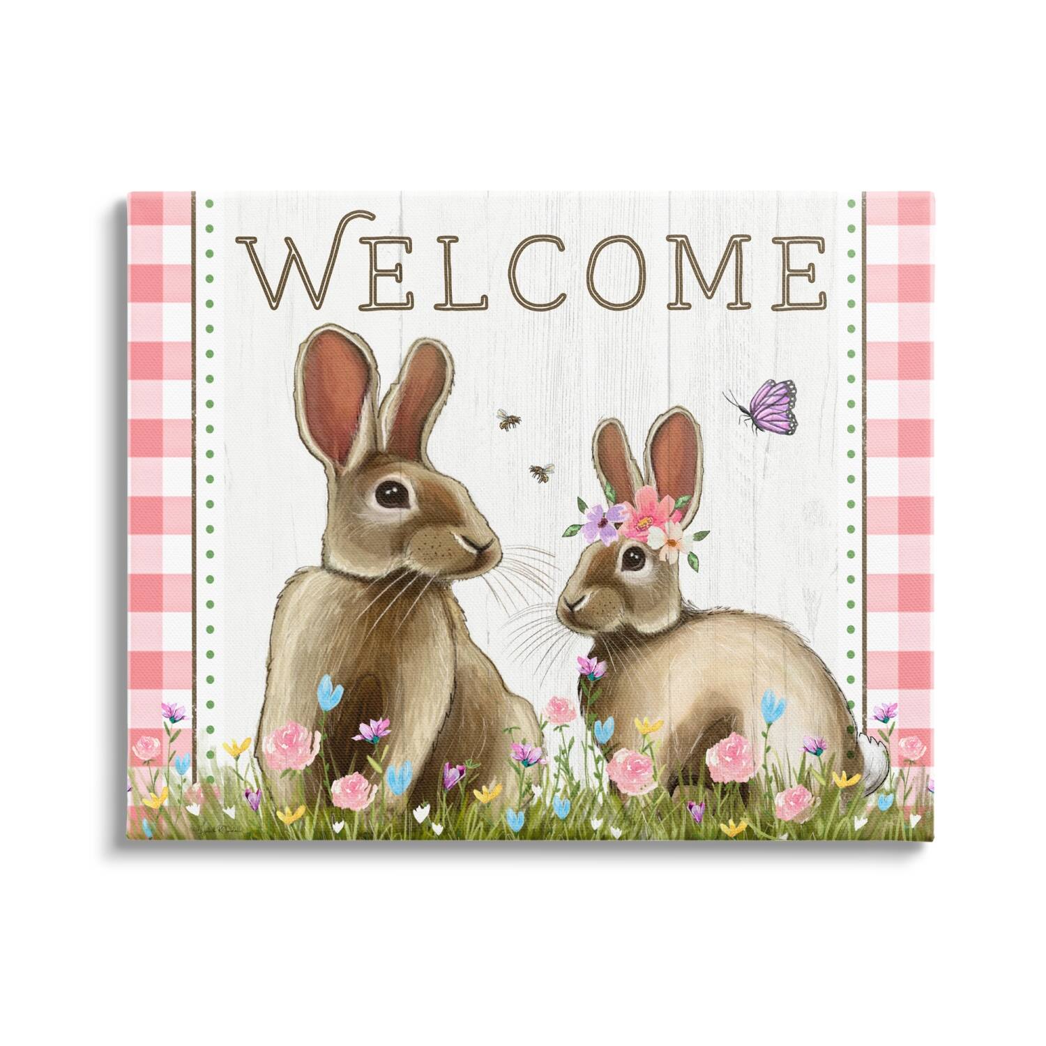 Stupell Industries Welcome Plaid Spring Garden Rabbits Canvas Wall Art