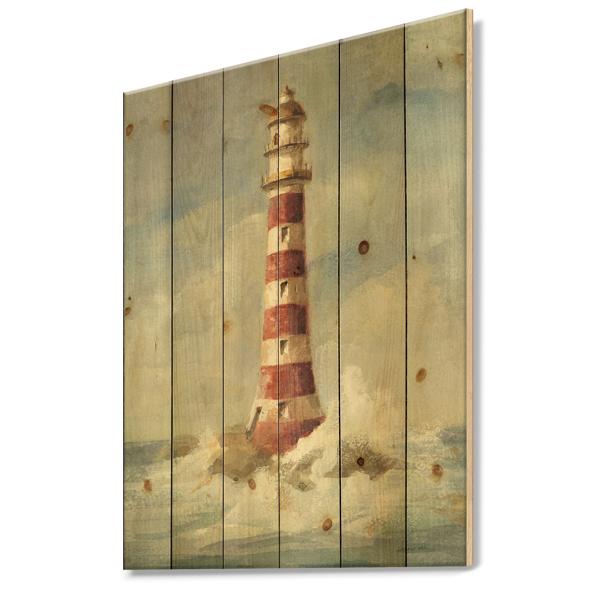 Designart - Ocean Lighthouse - Nautical & Coastal Print on Natural Pine Wood