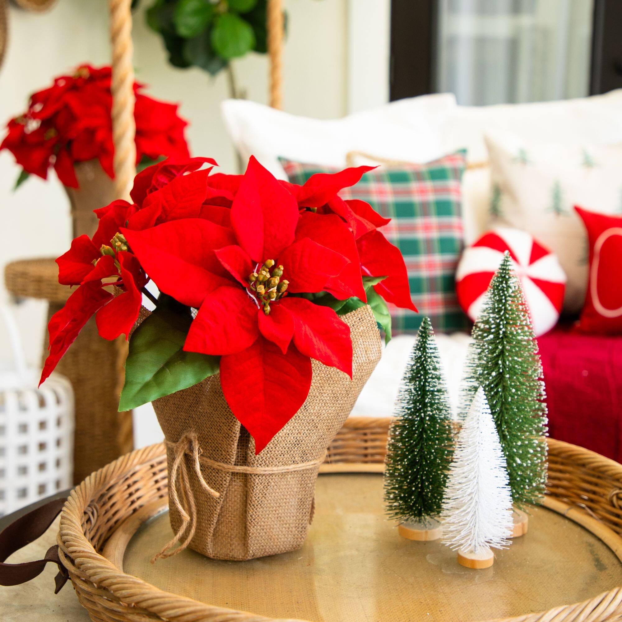 Nearly Natural 13" Red Artificial Velvet Poinsettia in Burlap Planter