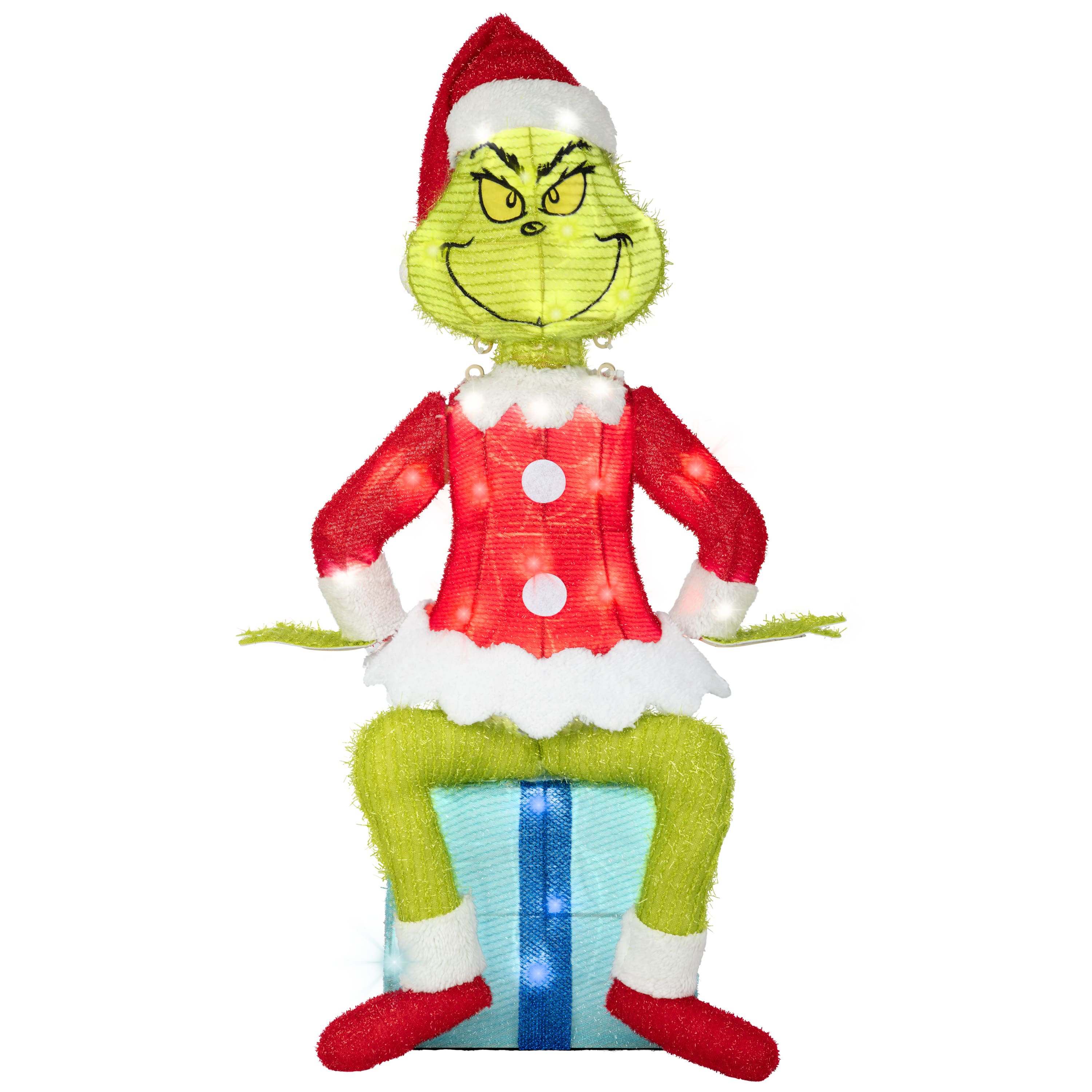 27.25" Dr. Seuss™ The Grinch Sitting on Present 3D Holiday Lighted Tinsel Sculpture Christmas Décor
