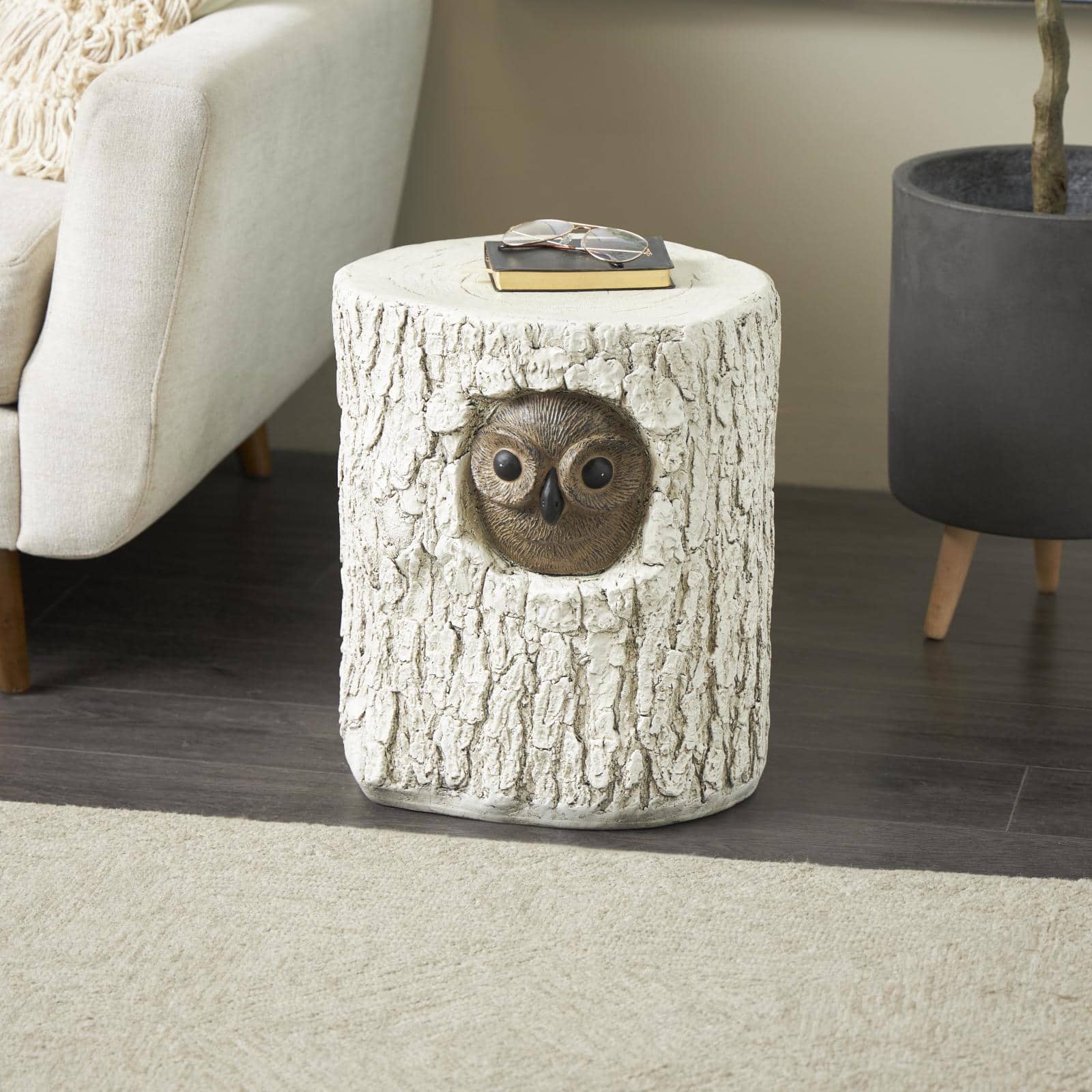 17" White & Brown MGO Owl Tree Trunk Garden Stool