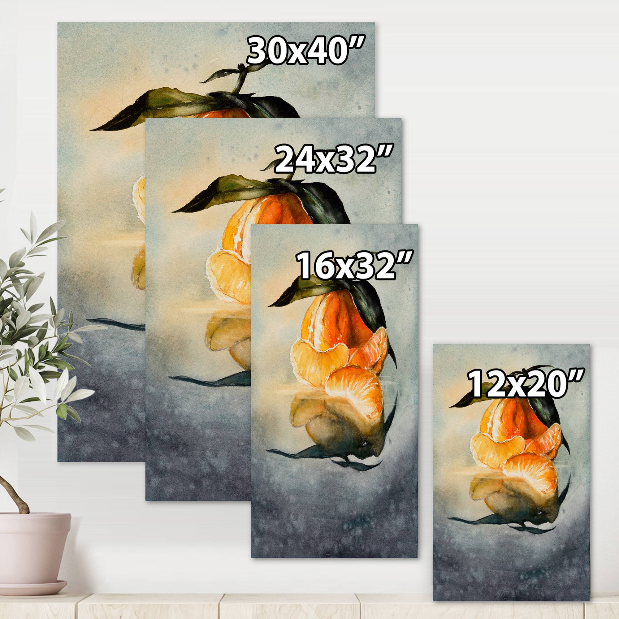 Designart - One Peeled Fresh Orange Mandarin With Green Leaves - Traditional Canvas Wall Art Print