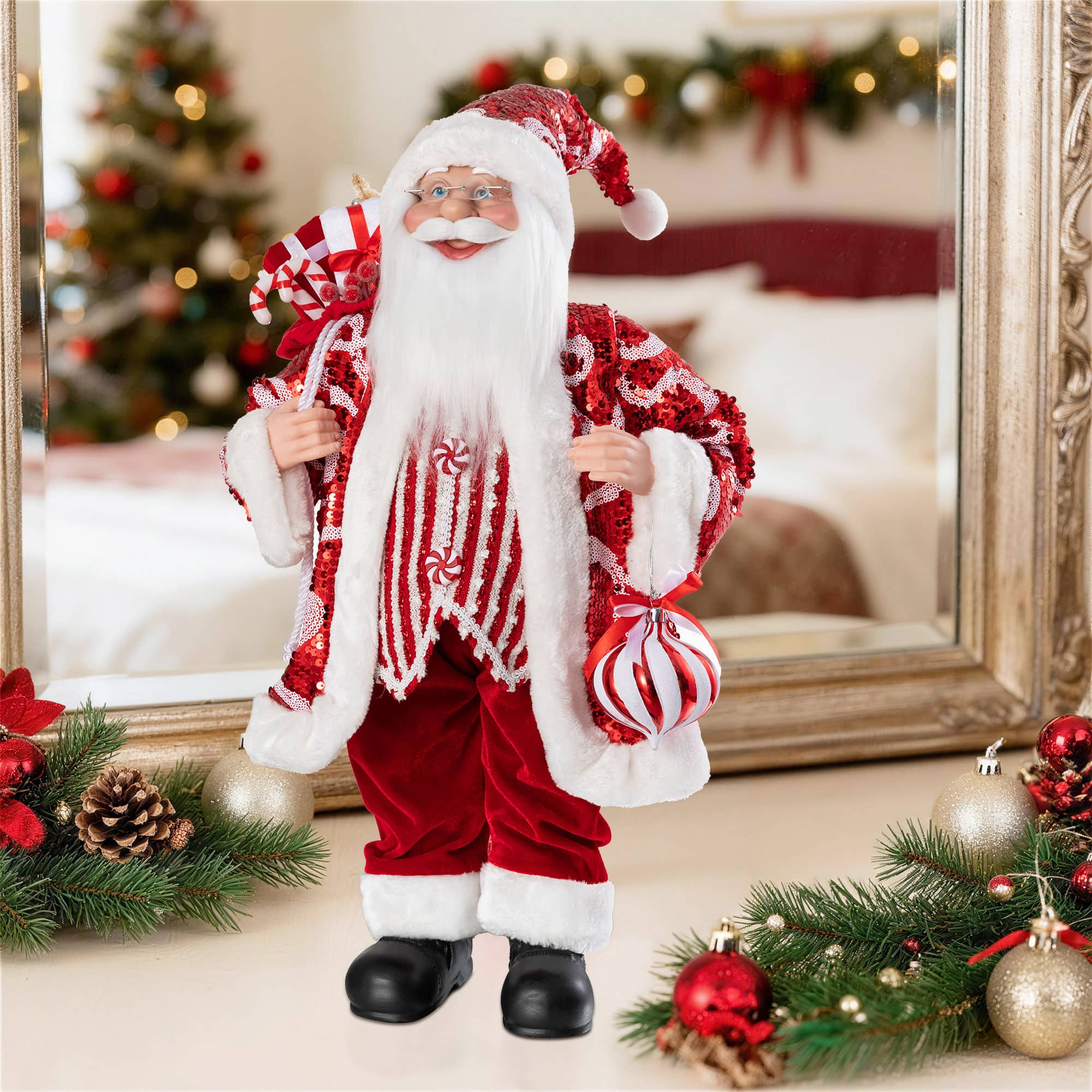 Glitzhome® 24" Faux Fur Peppermint Christmas Santa Figurine