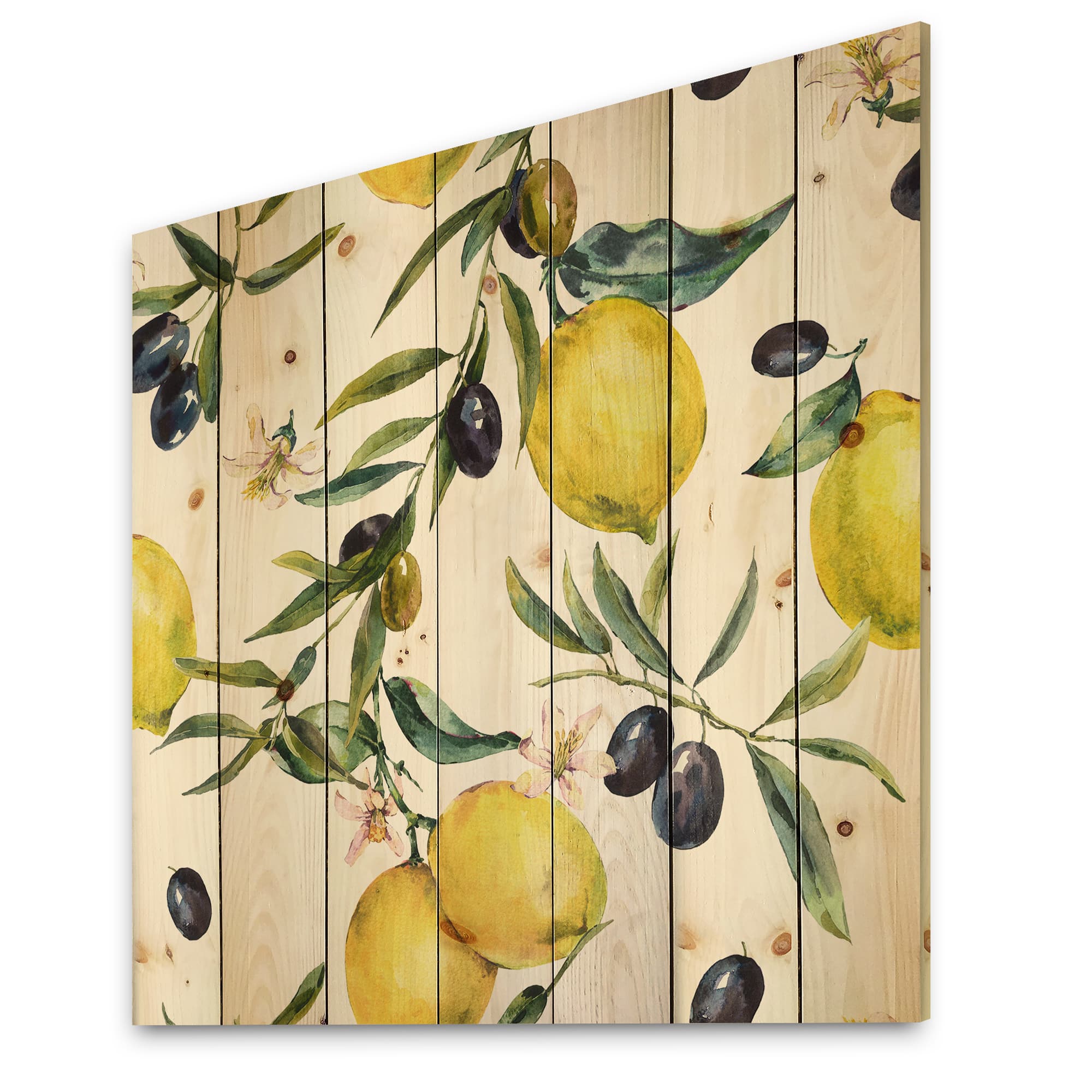 Designart - Lemon and Olive Branches II - Tropical Print on Natural Pine Wood
