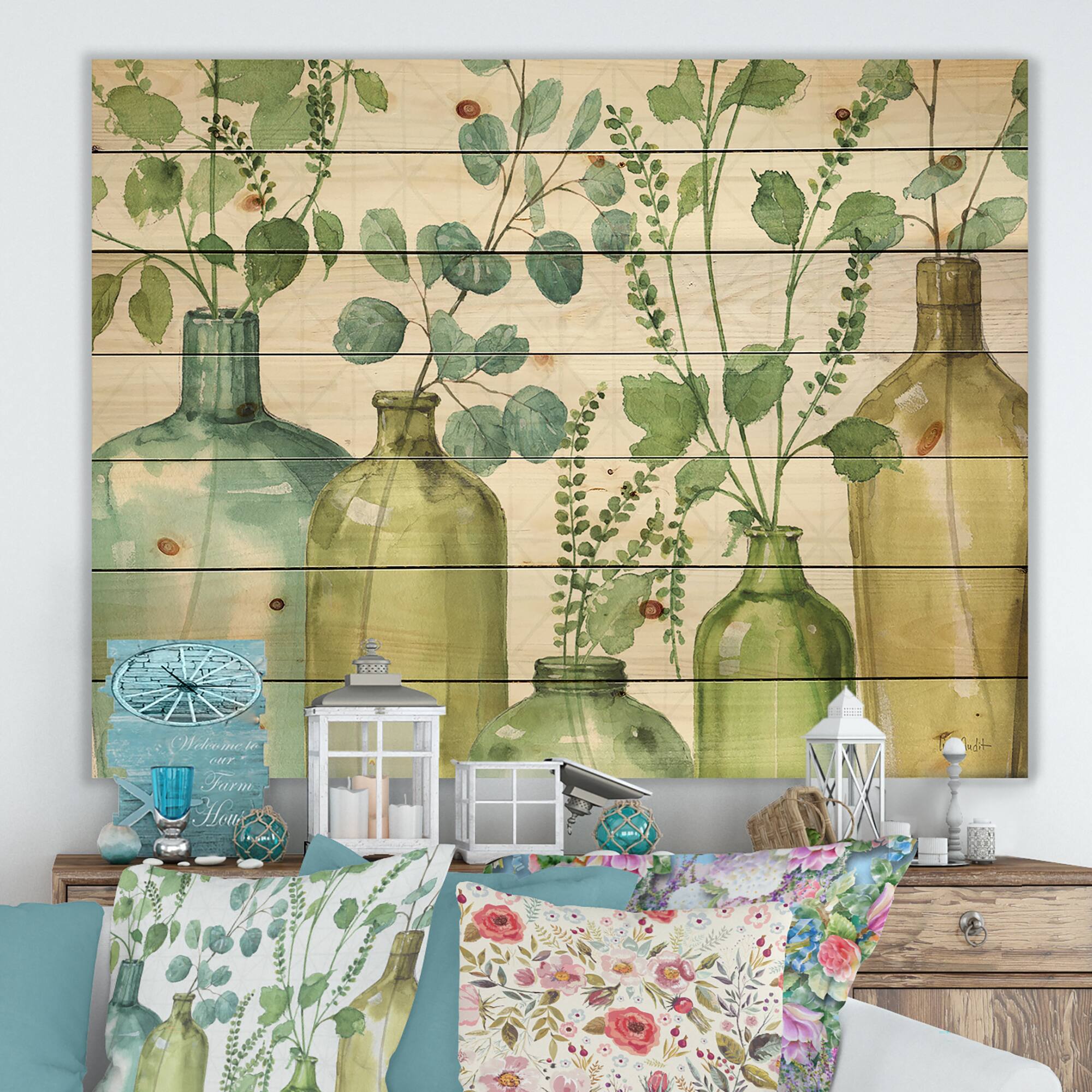 Designart - Mixed Botanical Green Leaves I0 - Cottage Print on Natural Pine Wood