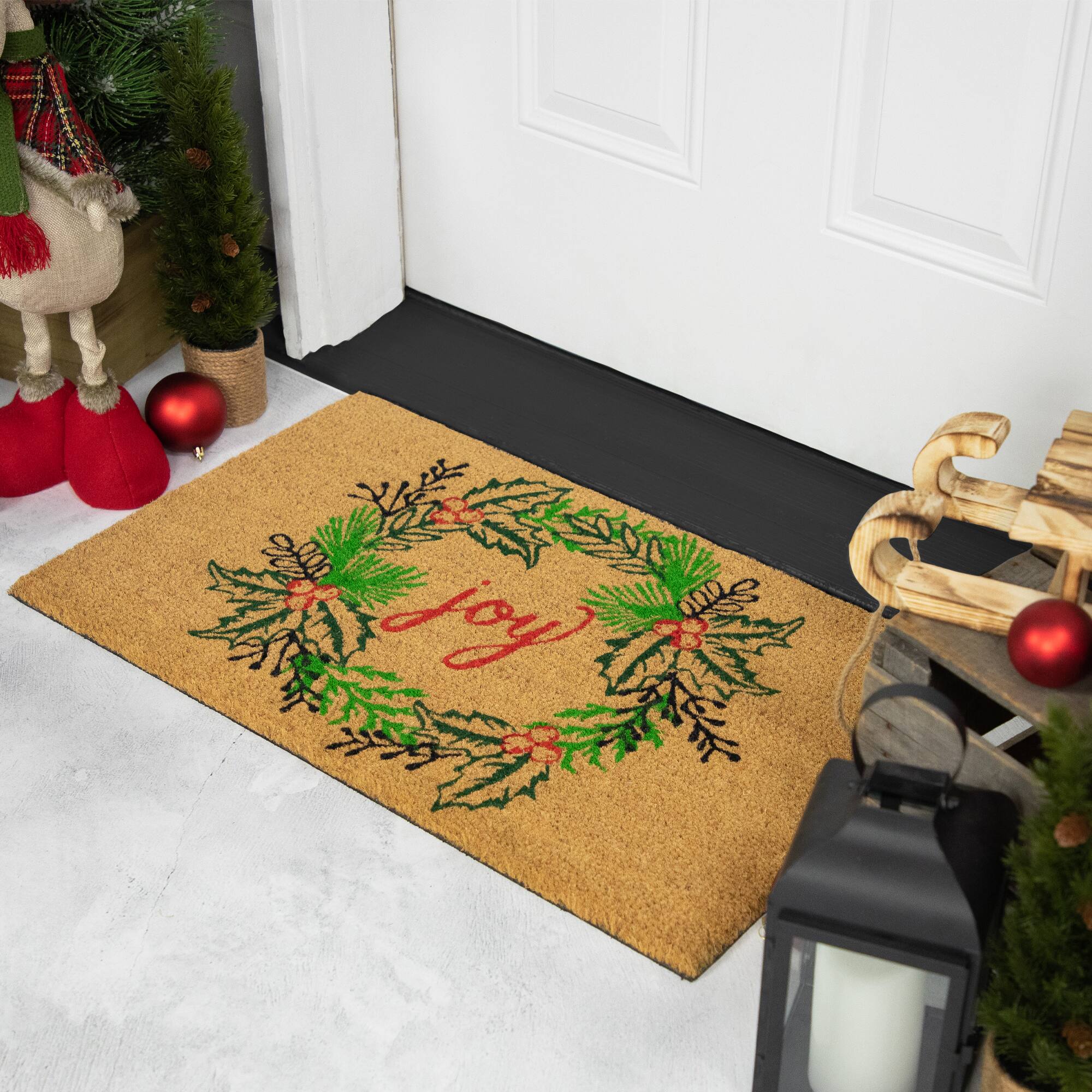 30" Joy Wreath Natural Coir Christmas Doormat