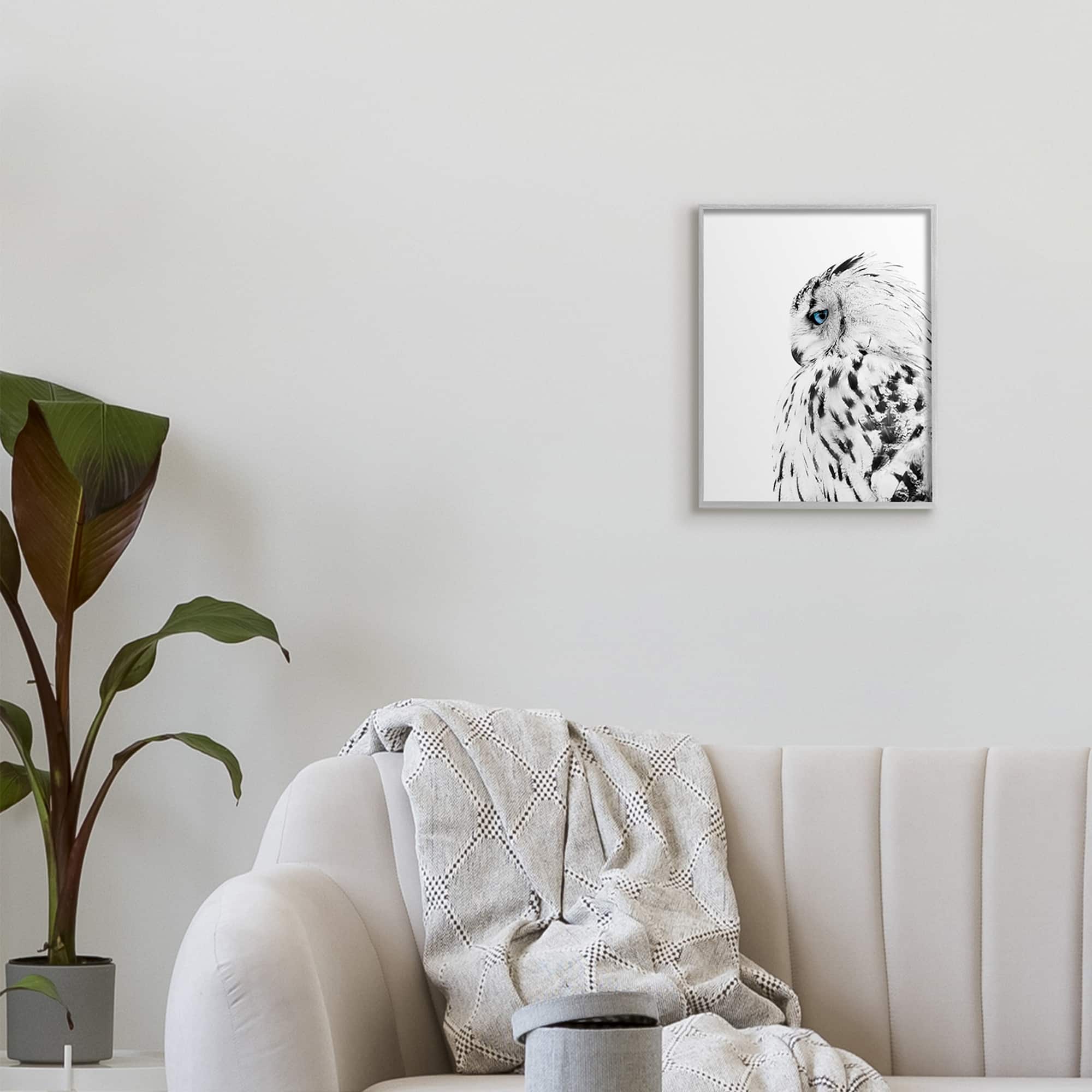 Stupell Industries Snow Owl White Feathers Peering Blue Eyes in Gray Frame Wall Art