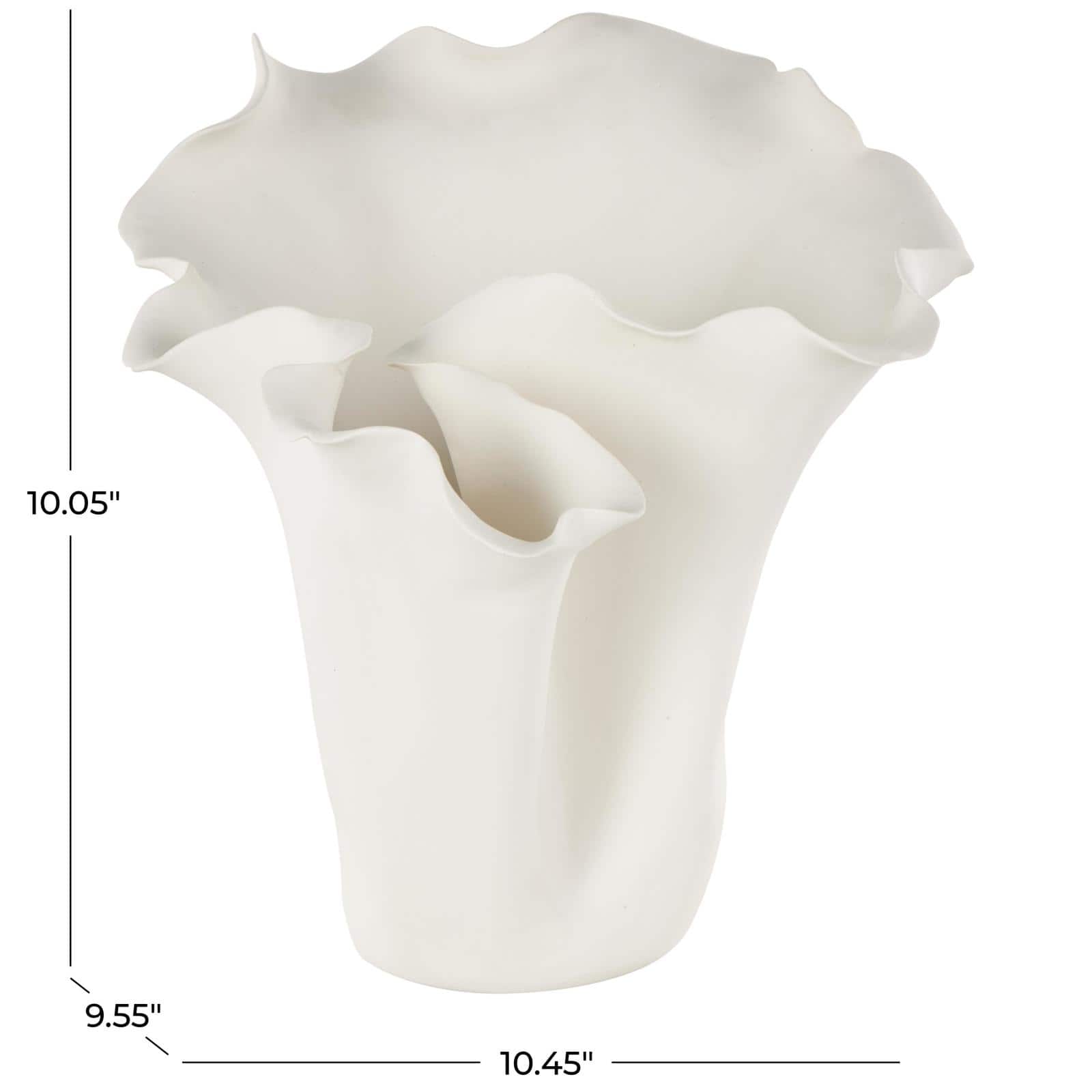 10.5" White Ceramic Abstract Floral Vase with Wavy Folded Rim