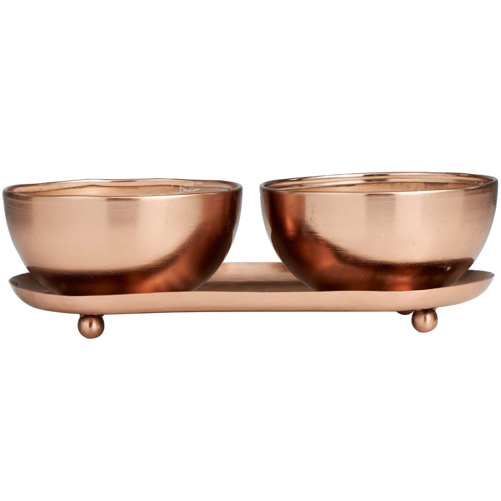 12oz. 2-Wick White Wax Tropical Breeze Scented Candle with Copper Container Bowls and Thin Oval Holding Tray Set
