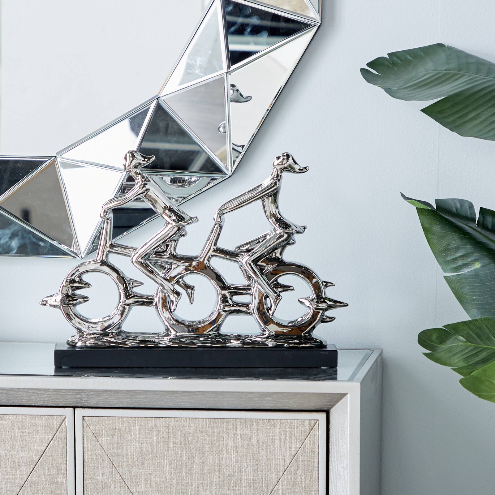 18" Silver Porcelain Cyclists Sculpture