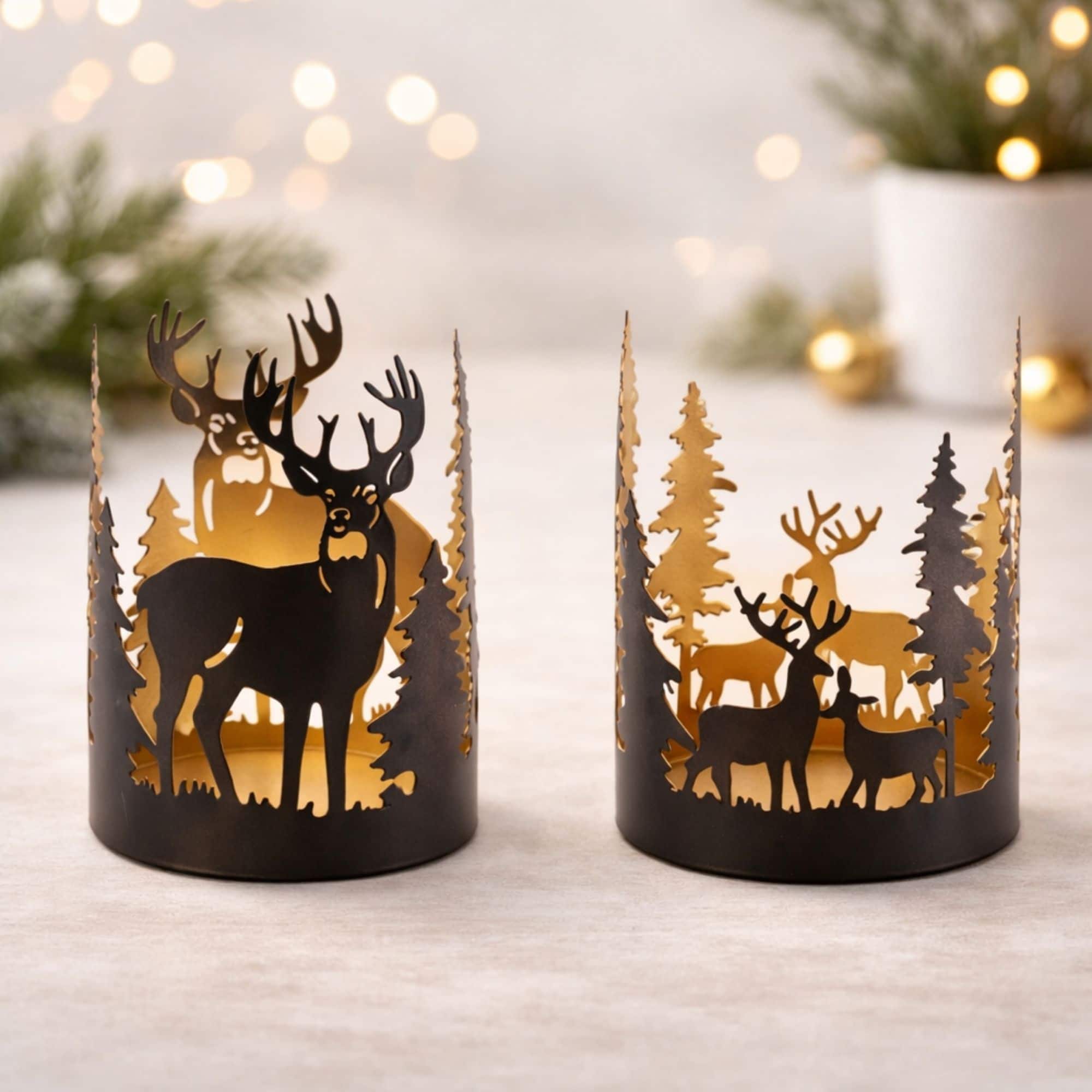 Melrose Deer & Forest Cut Metal Pillar Candle Holders Set