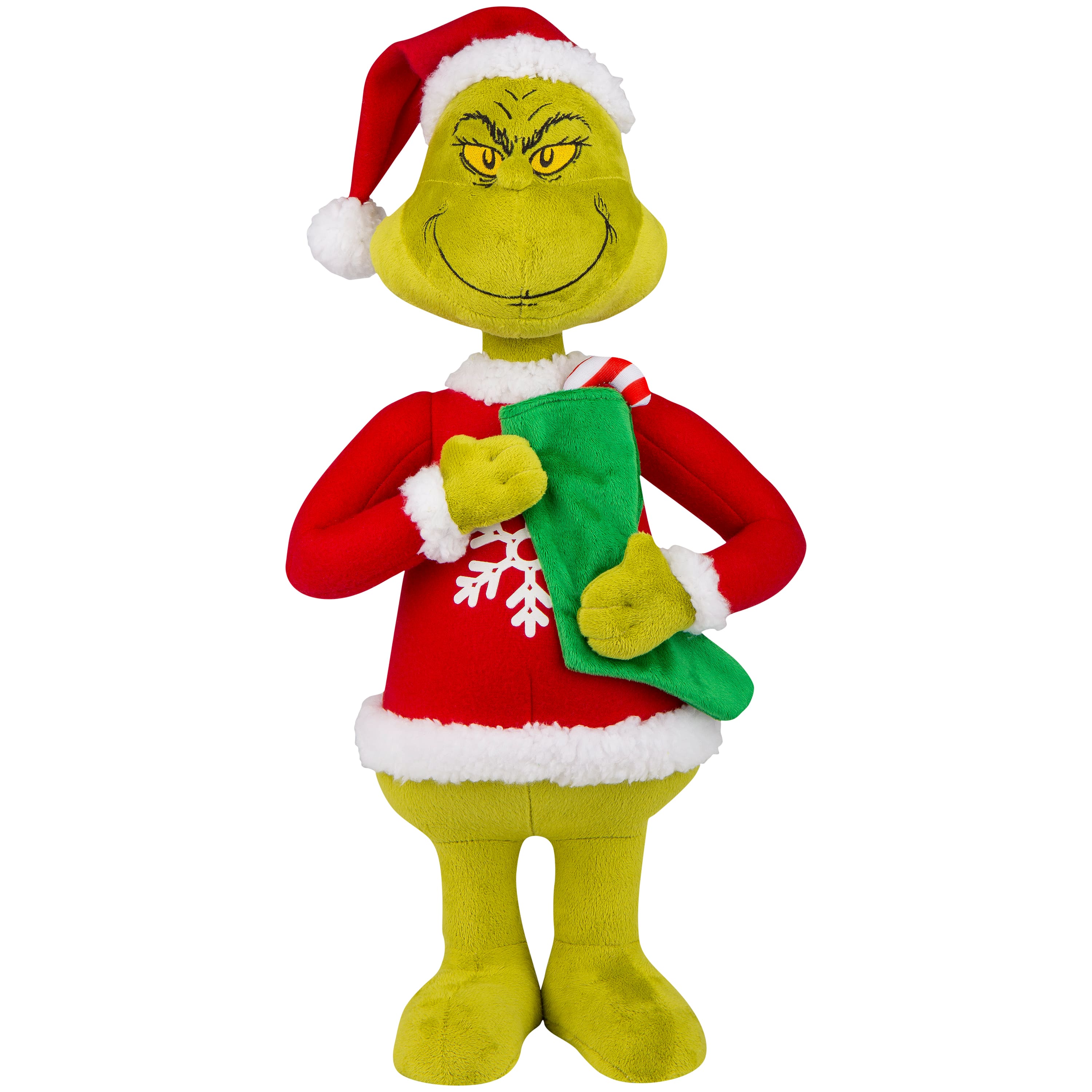 18" Grinch Holiday Greeter Plush in Snowflake Sweater with Green Stocking