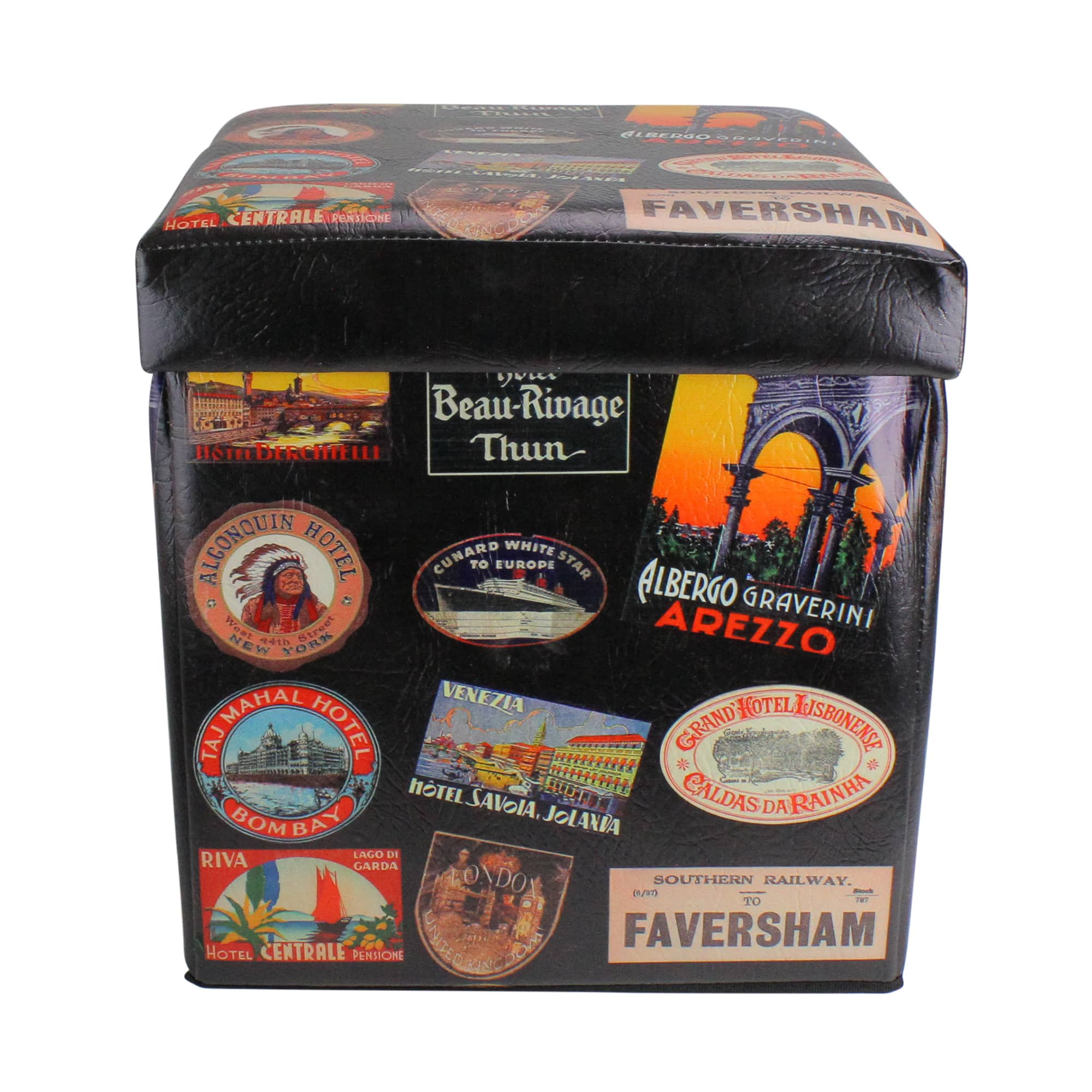15" Brown with Travel Stickers Collapsible Ottoman