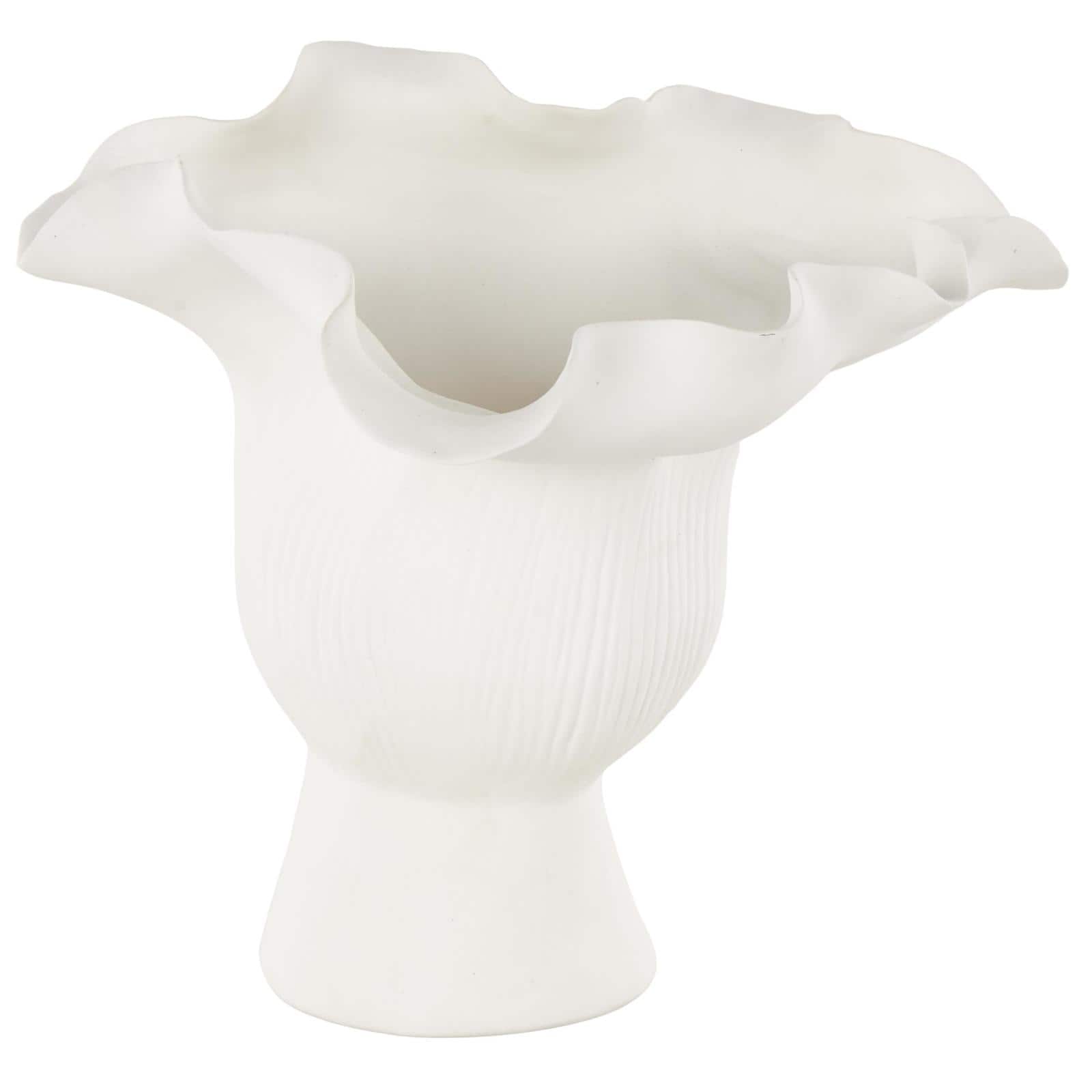 9.75" White Ceramic Abstract Floral Vase with Linear Grooves