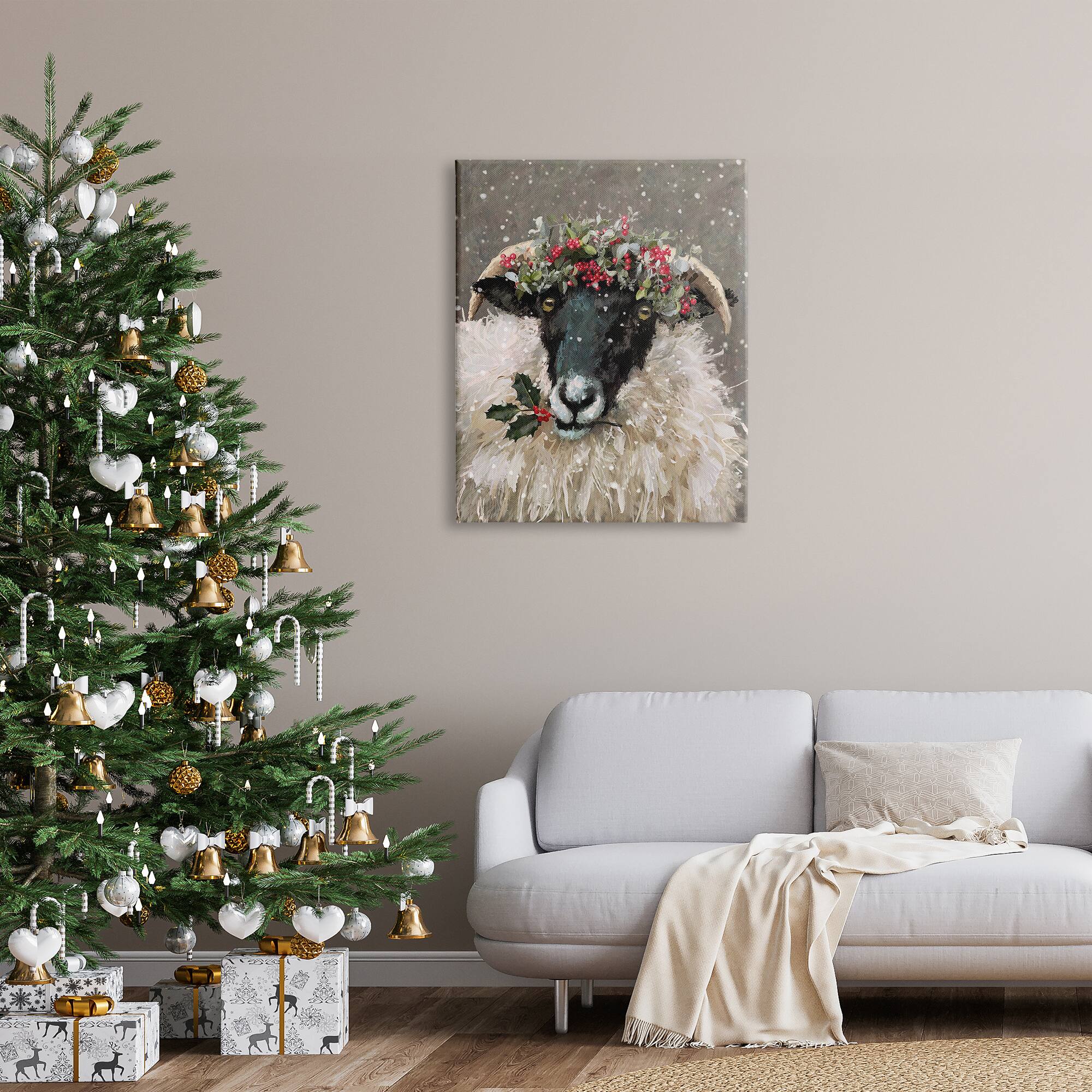 Stupell Industries Holiday Berries Farmhouse Sheep Canvas Wall Art