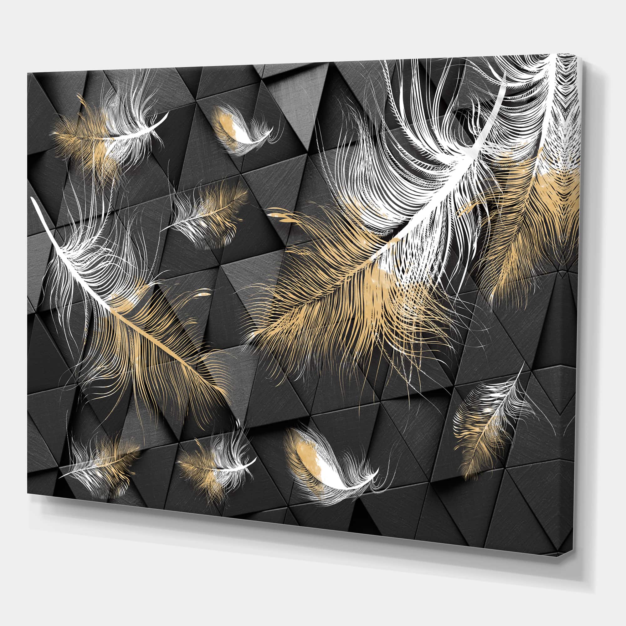 Designart - White and Gold Feathers On Triangular