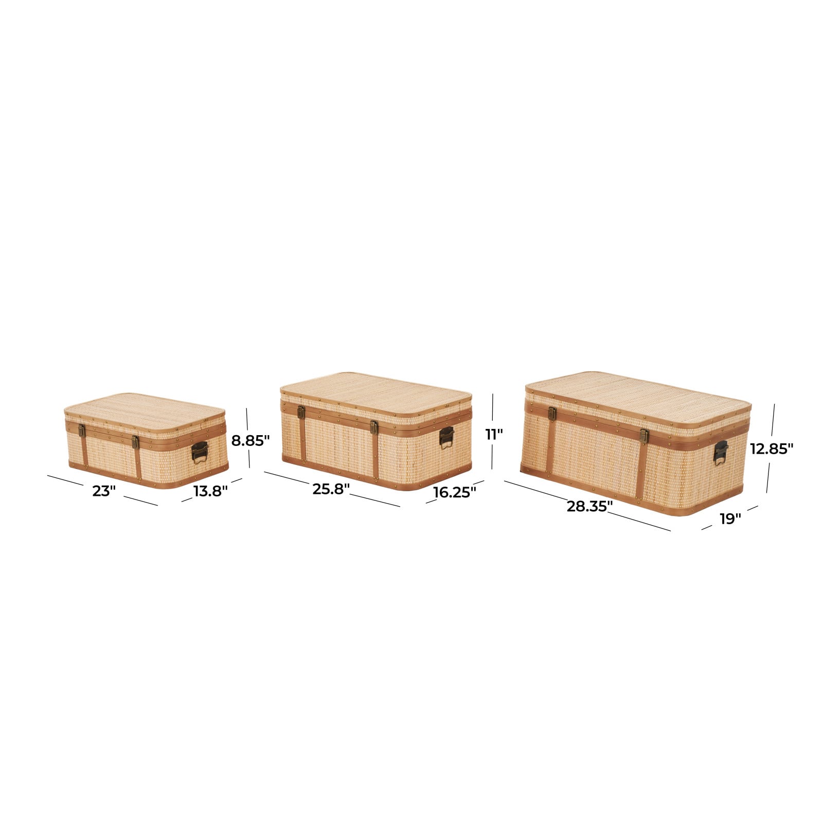 Light Brown Rattan Woven Decorative Trunk Set with Brass Metal Latches & Brown Wooden Accents
