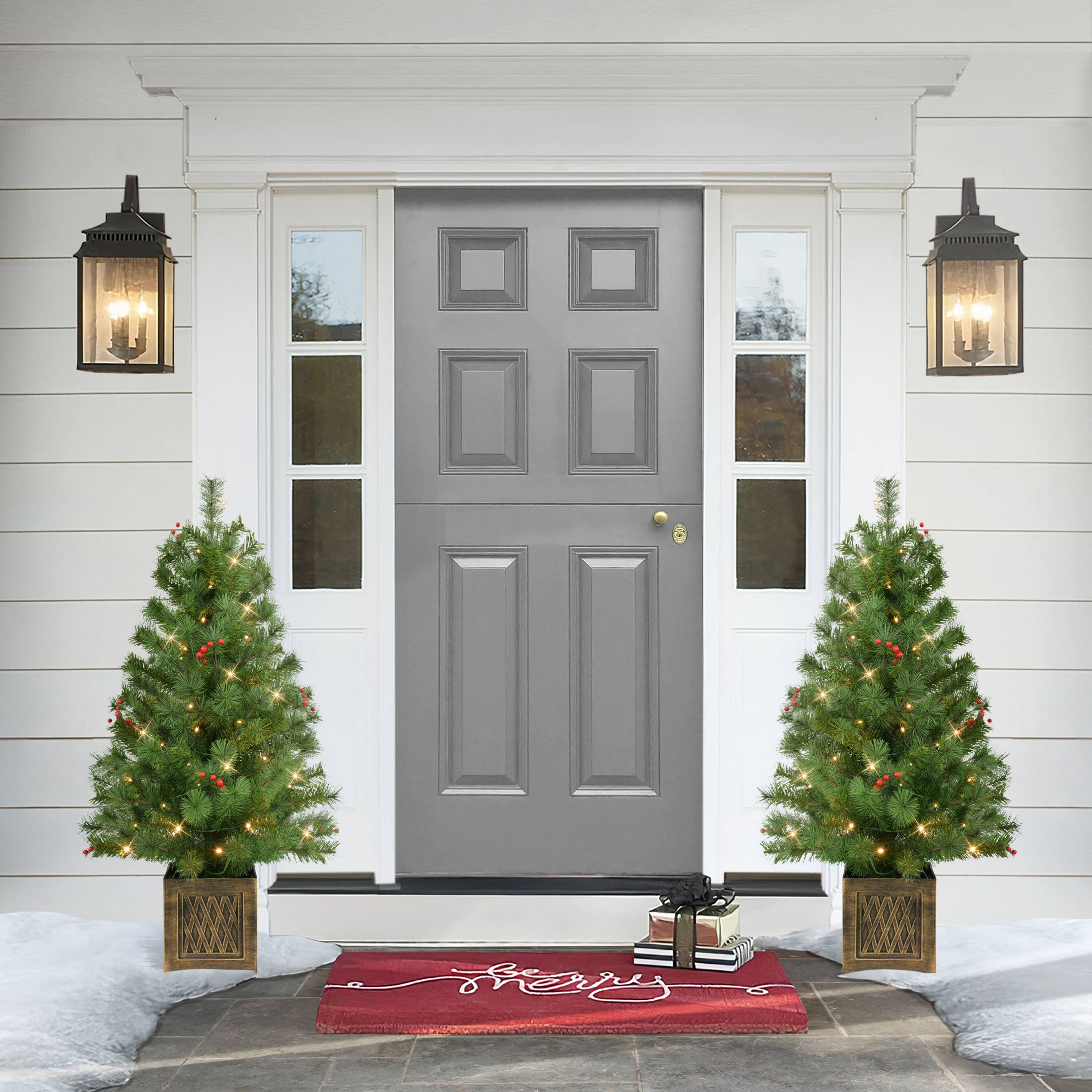 3.5ft. Pre-Lit Battery-Operated Potted Adorned Artificial Christmas Trees, Warm White LED Lights, 2ct.
