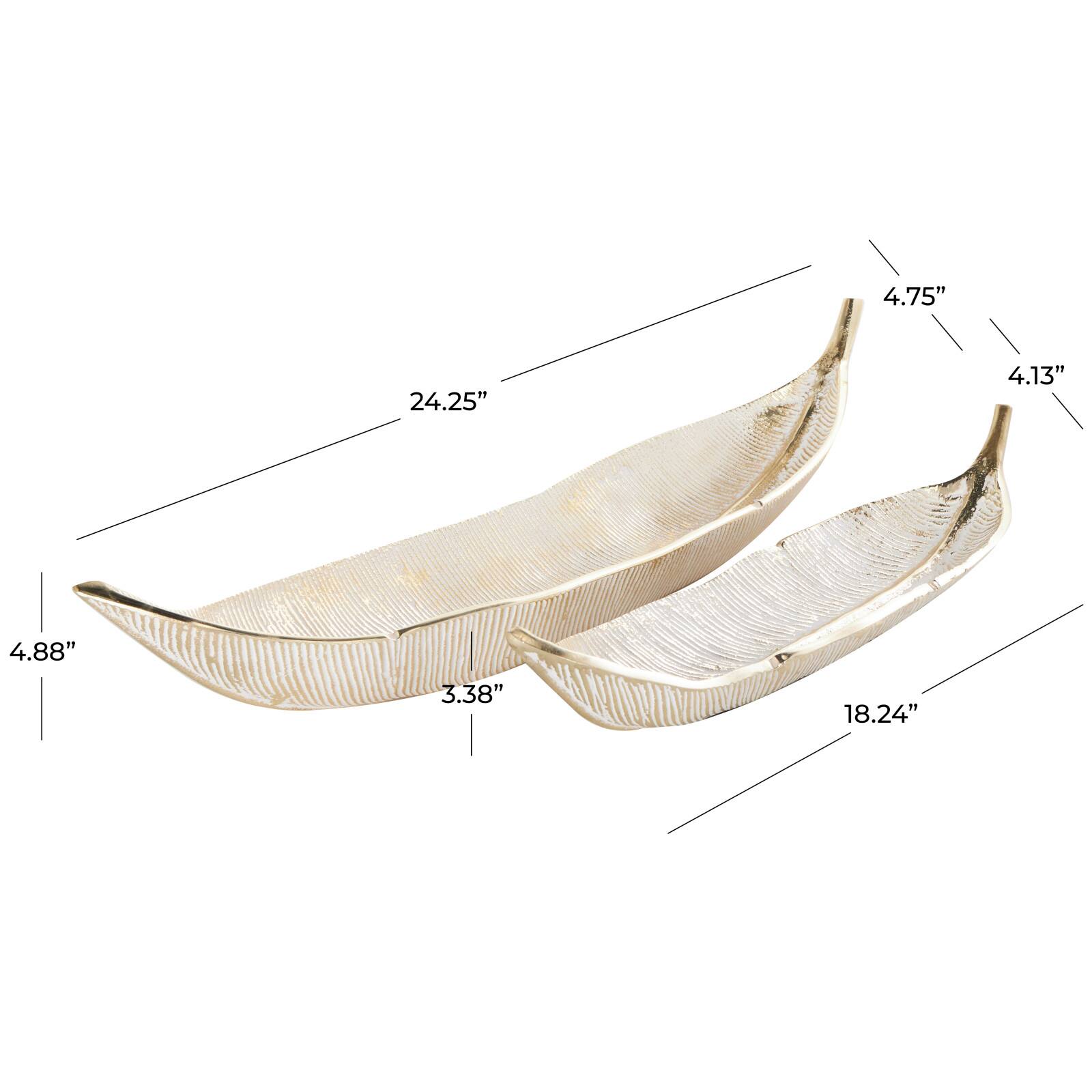 Silver Aluminum Leaf Slim Carved Decorative Bowl Set with Gold Metallic Accents
