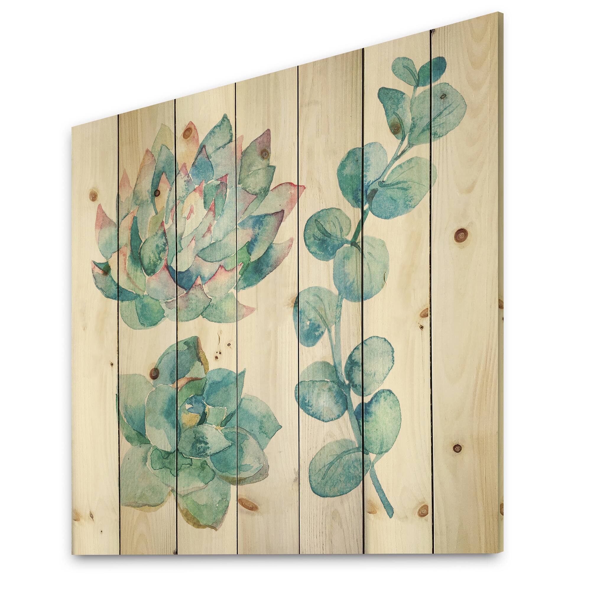 Designart - Eucalyptus Leaves and Succulents - Traditional Print on Natural Pine Wood