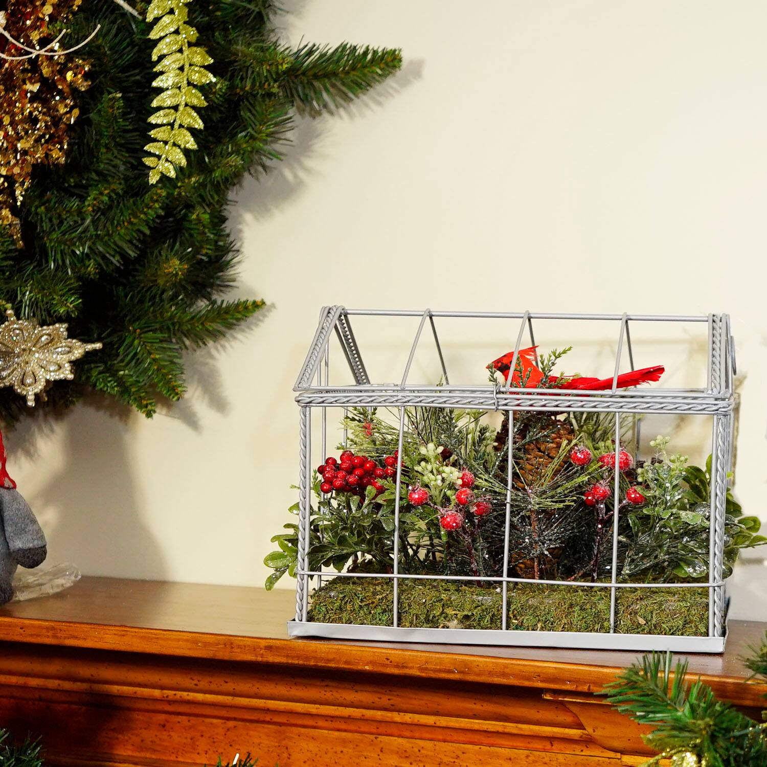 9" Red & Green Cardinal Boxwood Artificial Christmas Greenhouse Arrangement