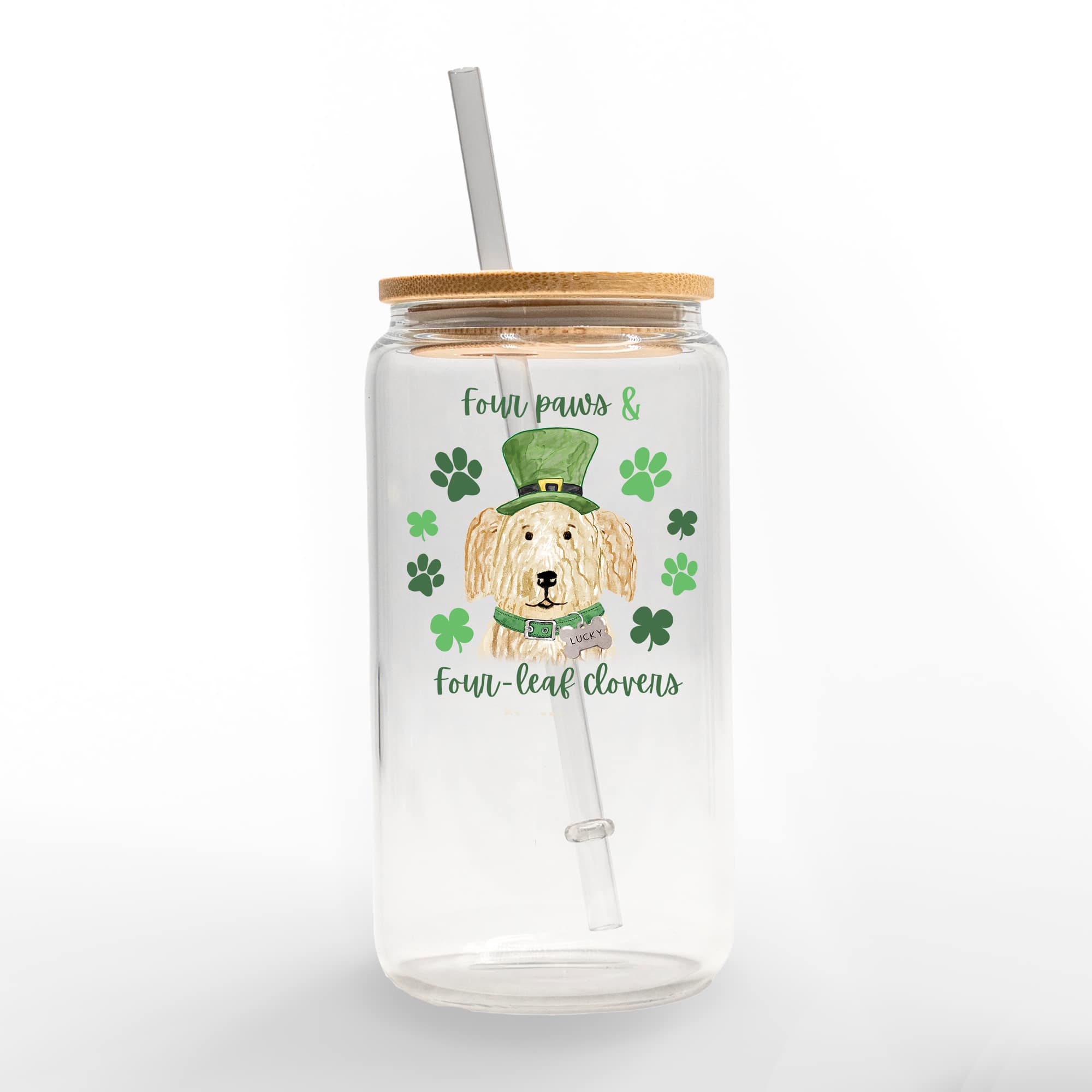 16oz. Four Paws Four Leaf Clover Glass Can Cup