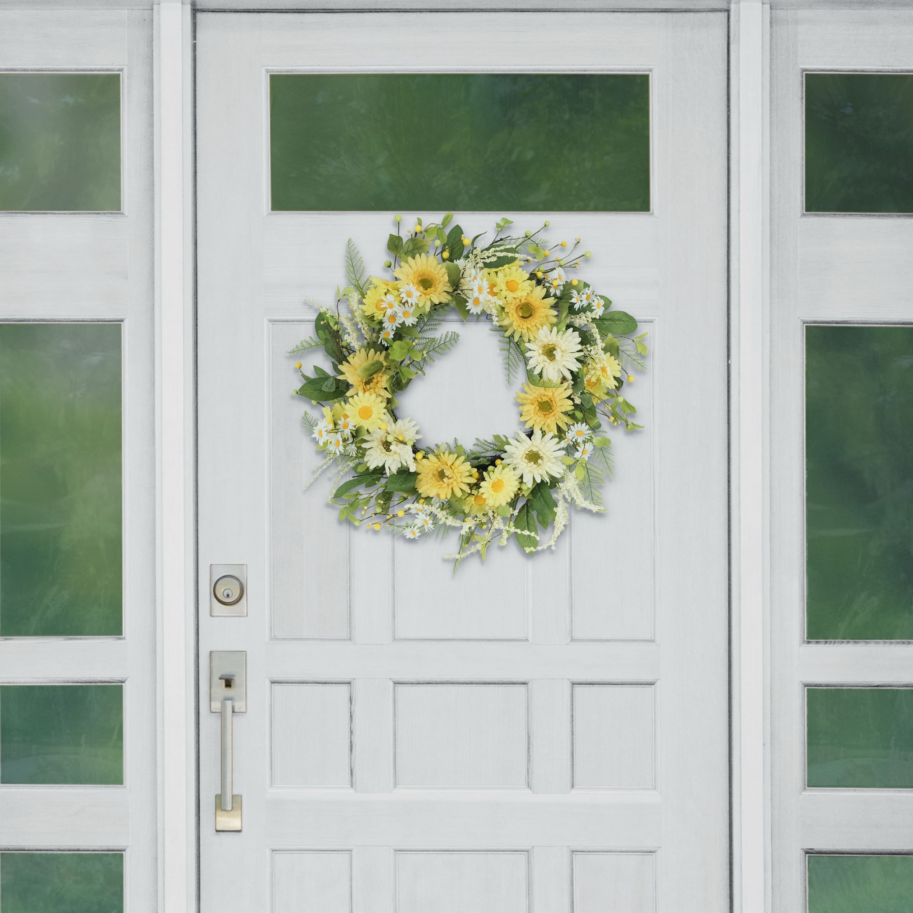 24" White & Yellow Mum & Daisy Floral Spring Wreath