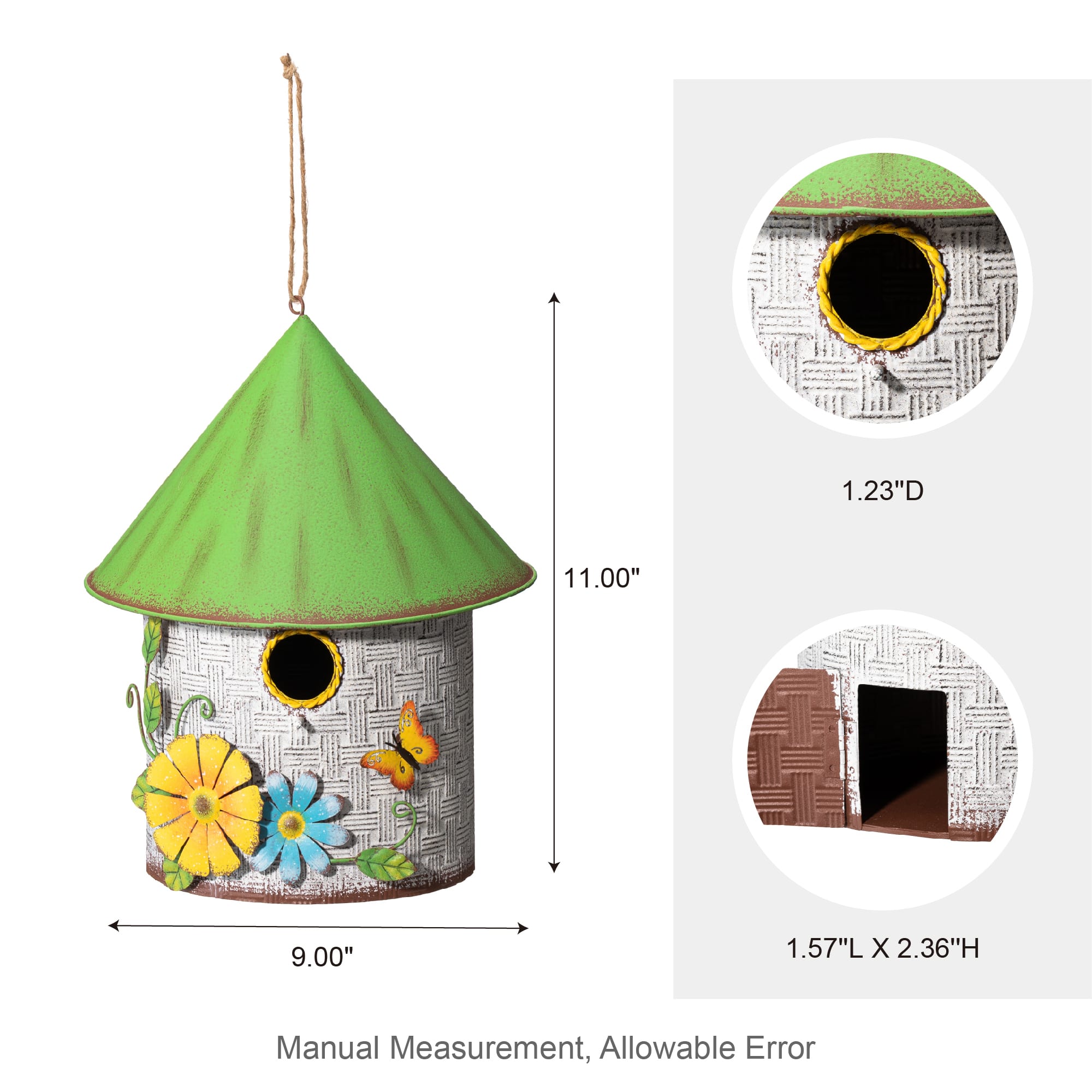 Glitzhome® 11" Distressed Metal Birdhouse with 3D Flowers & Butterfly