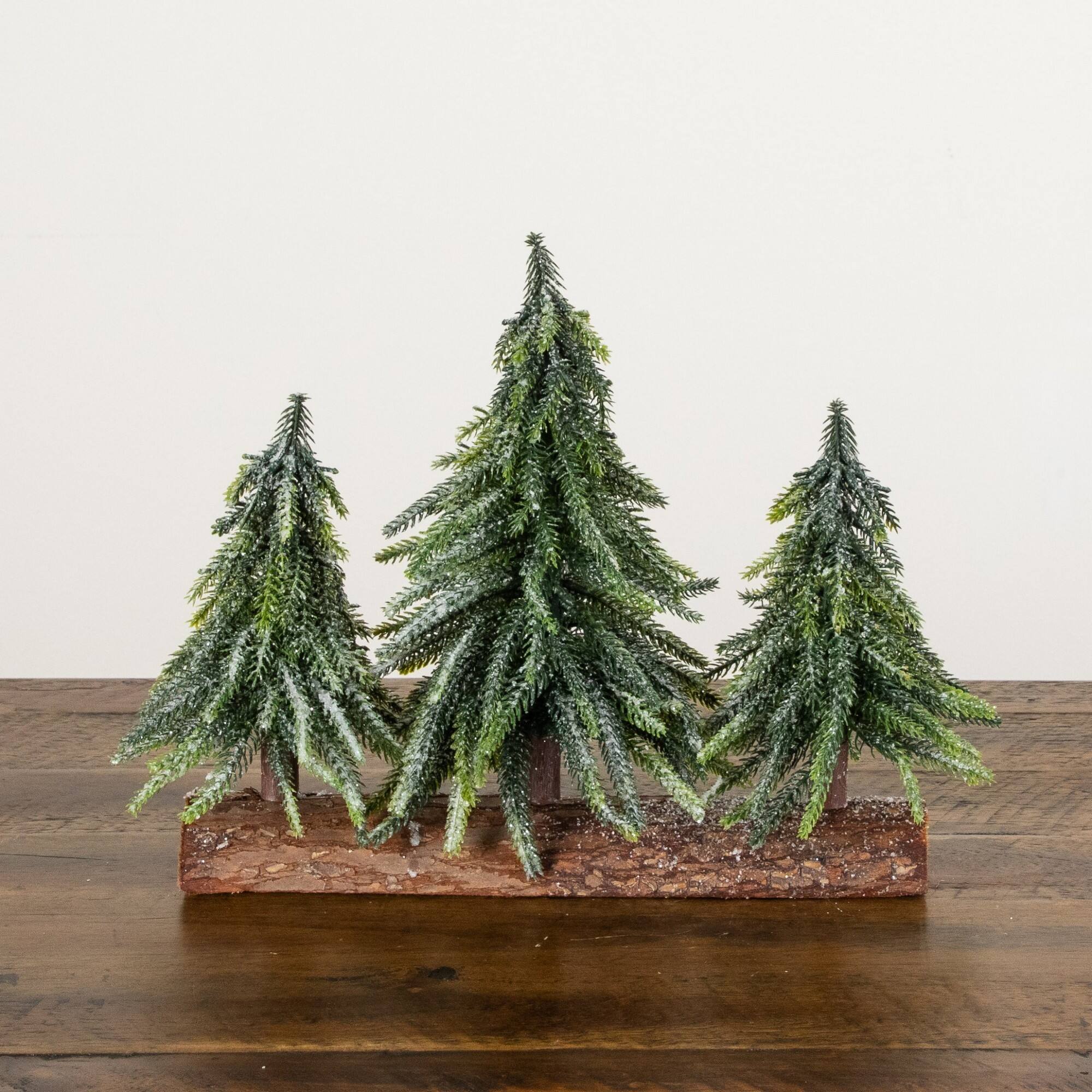 Nearly Natural 11" Unlit Artificial Snowed Downswept Christmas Tree Trio in Rustic Wooden Log Base