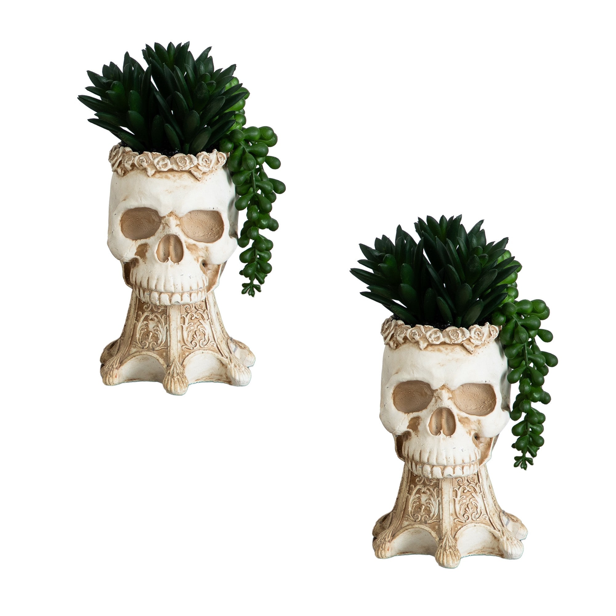 7" Artificial Halloween Succulent Garden in Skull Planters. 2ct. By Nearly Natural in Green | 4" x 4" x 7" | Michaels®