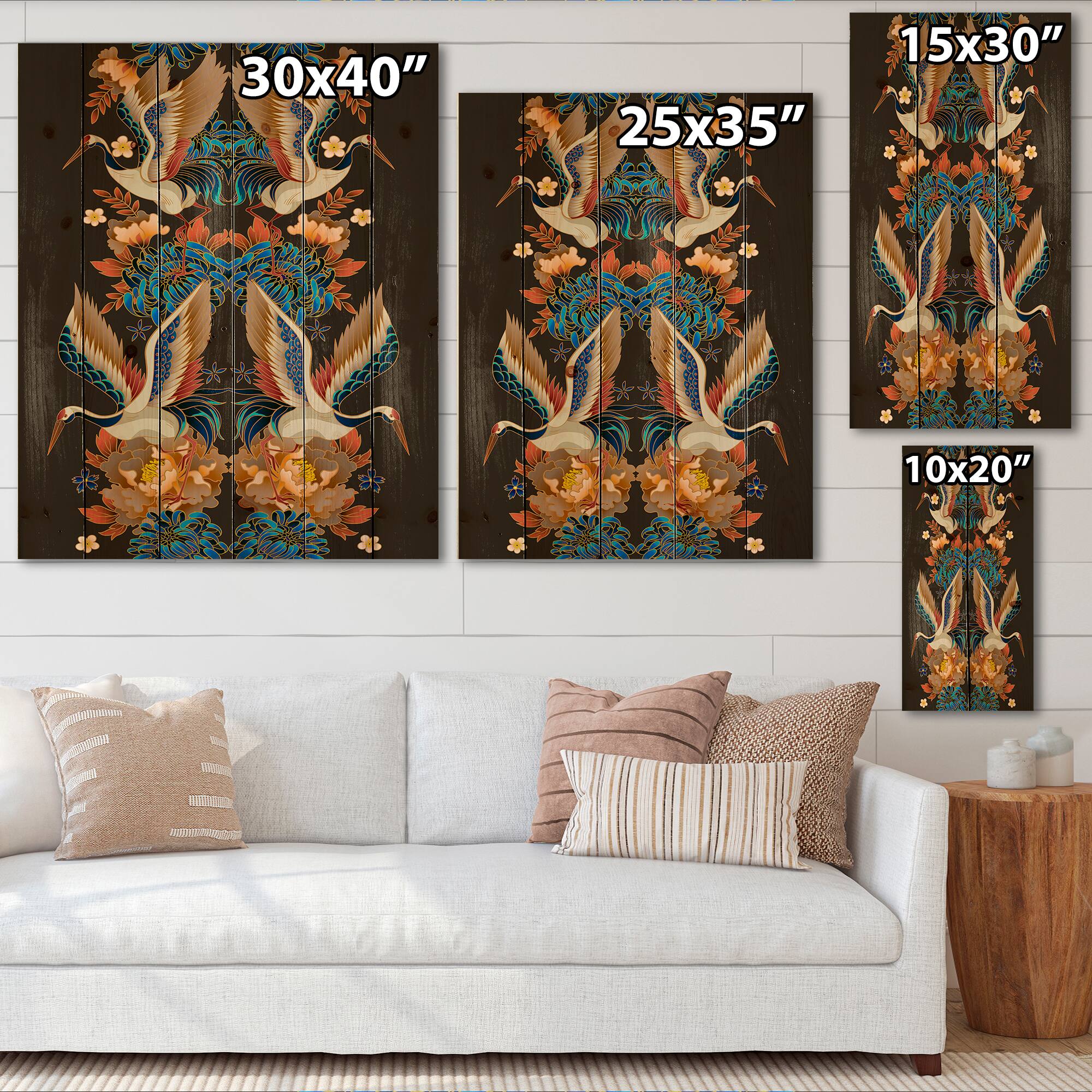 Designart - Chinoiserie With Birds and Peonies IX - Traditional Print on Natural Pine Wood