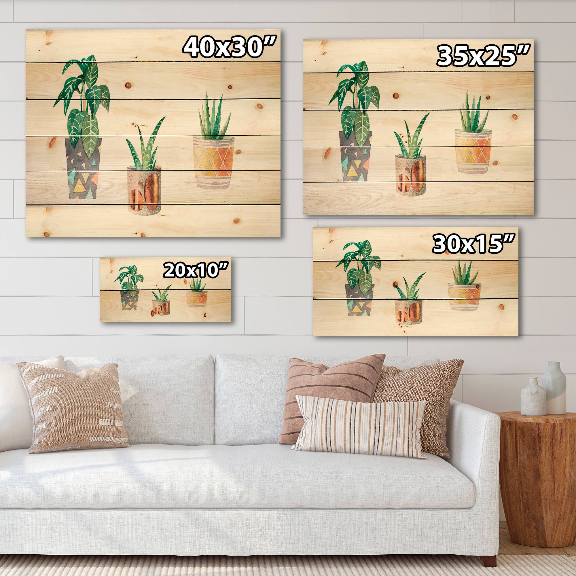 Designart - Three Potted Houseplants - Traditional Print on Natural Pine Wood