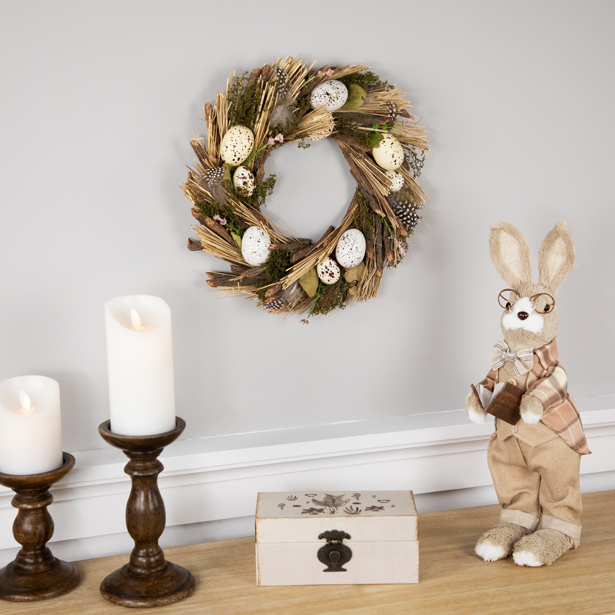 14" Speckled Eggs & Feathers Artificial Easter Wreath