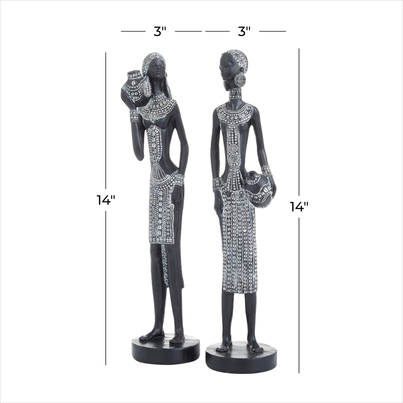 Set of 2 Black Polystone Eclectic Sculptures, 14" x 4" x 3"
