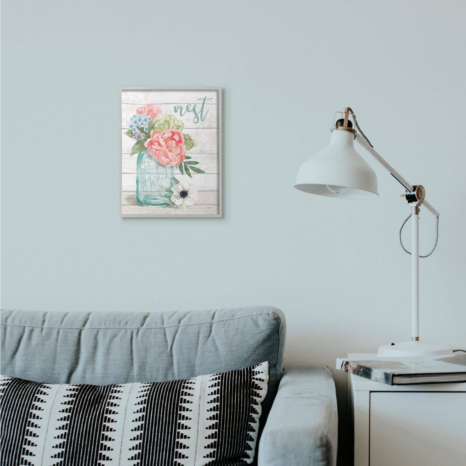 Stupell Industries Nest Grow Flower Jar Rustic Wood Textured Word Design Gray Framed Wall Art