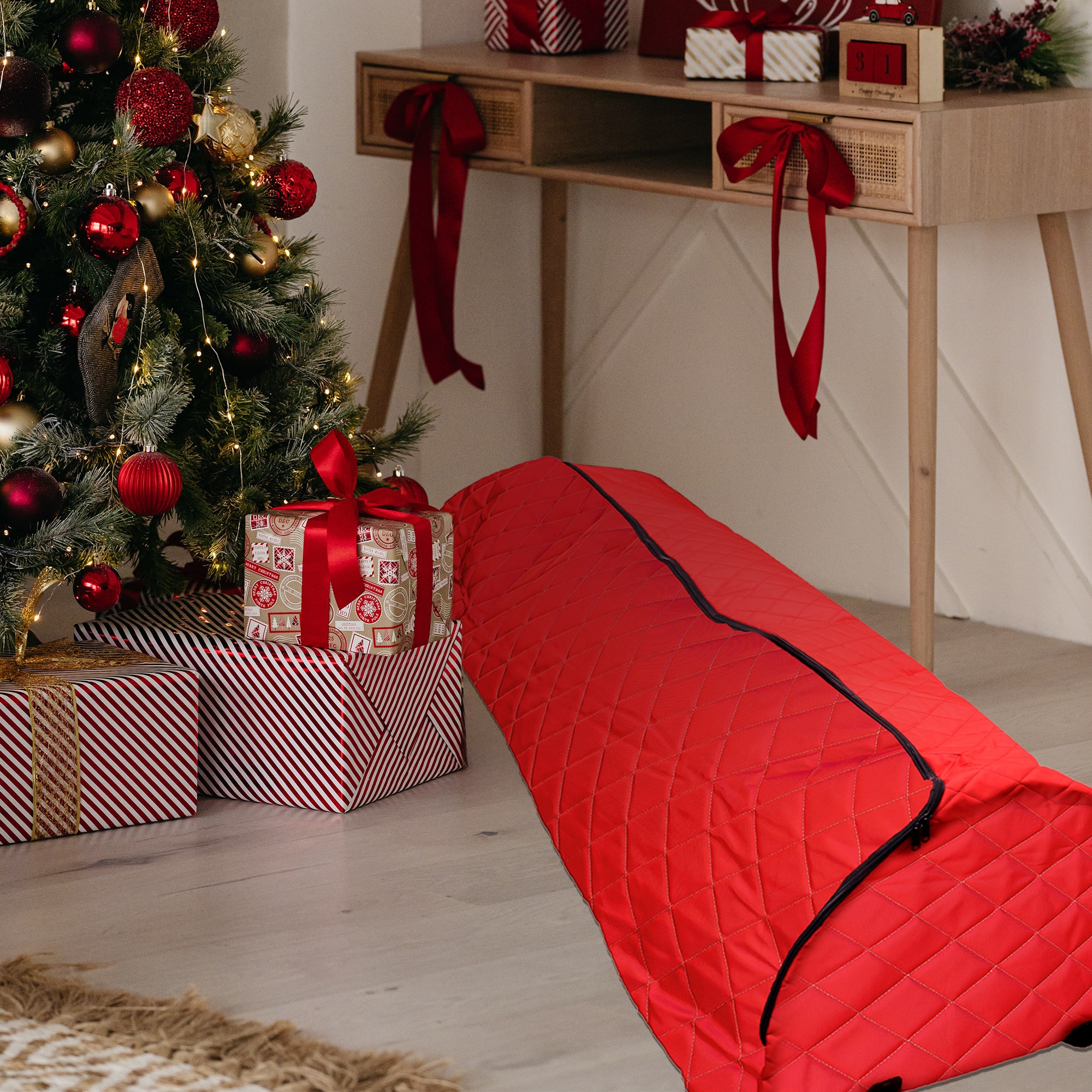 Red Quilted Rolling Christmas Tree Storage Bag for Trees up to 7.5ft.