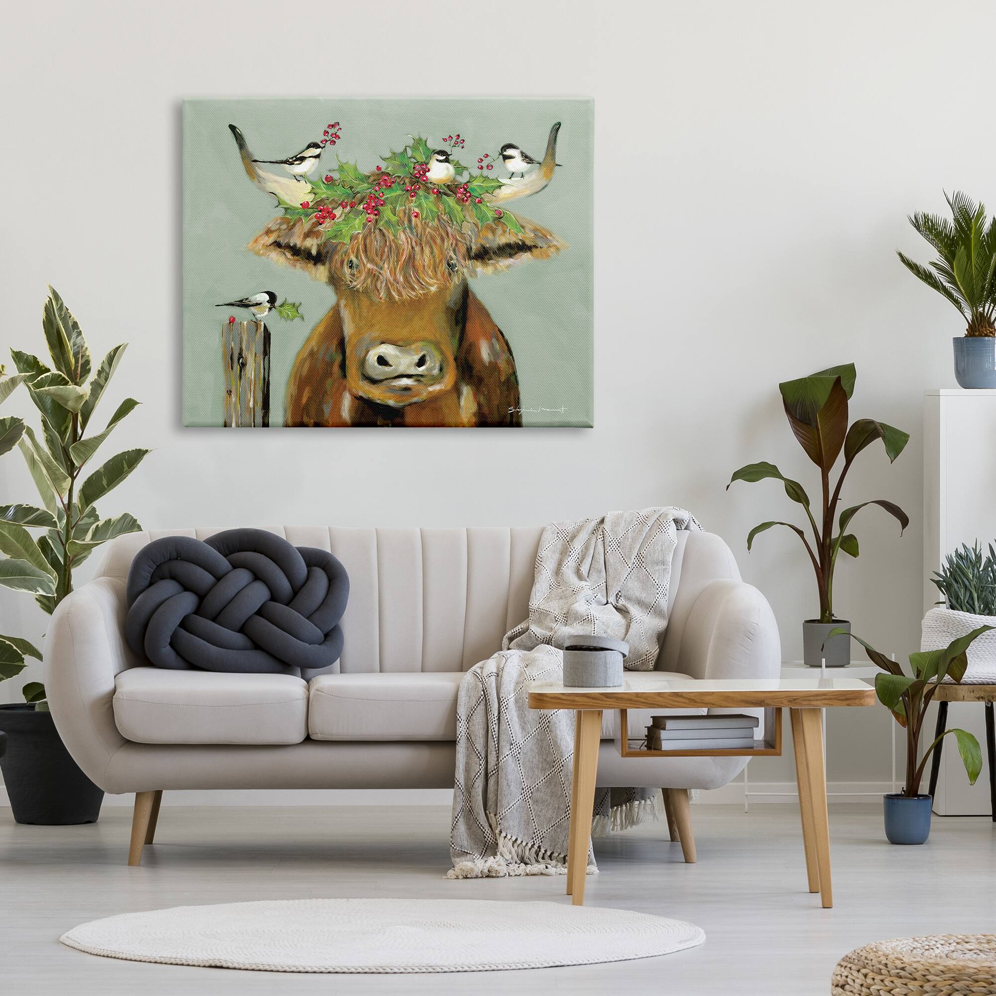 Stupell Industries Cattle & Birds Holiday Holly Canvas Wall Art