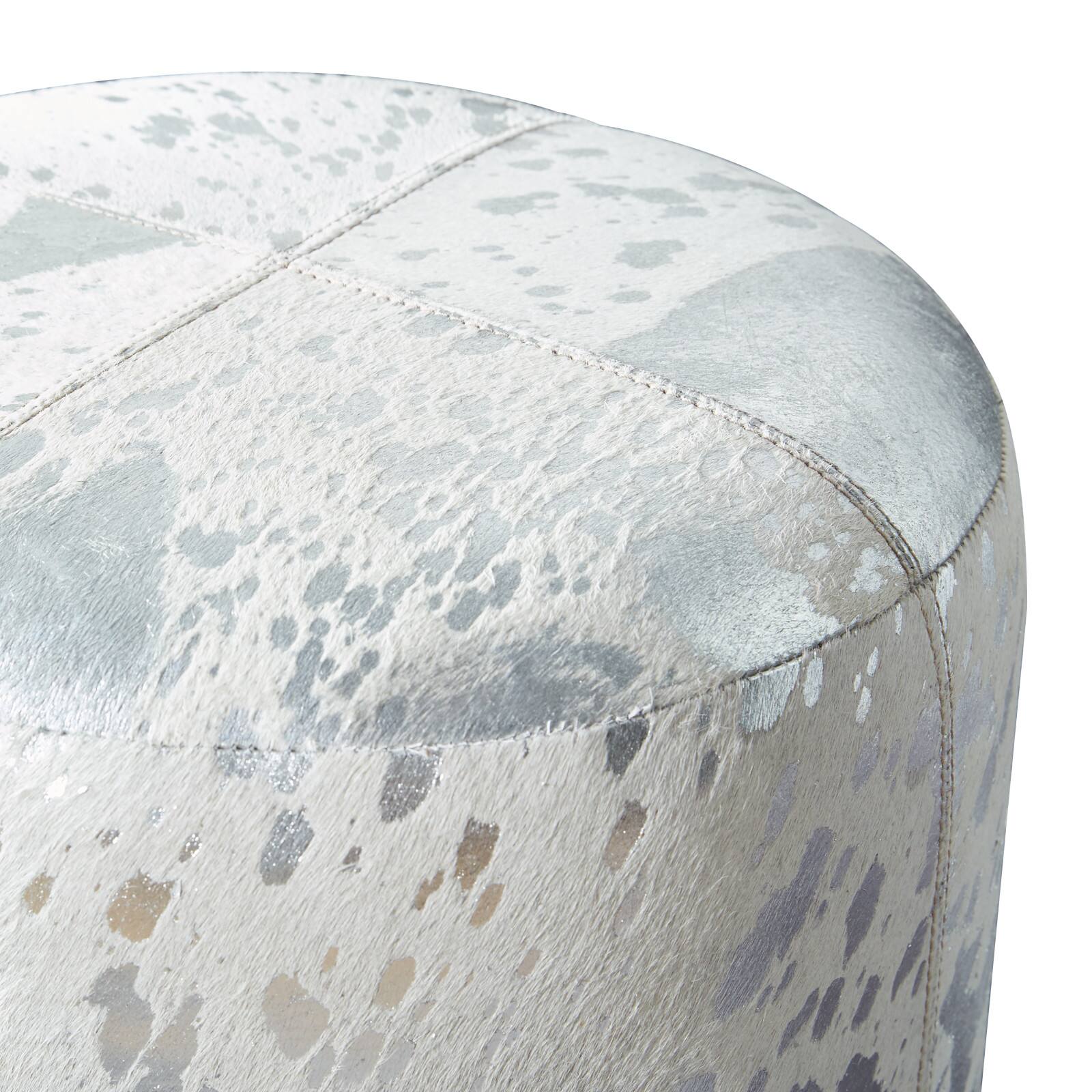 17" Silver & White Leather & Wood Glam Ottoman