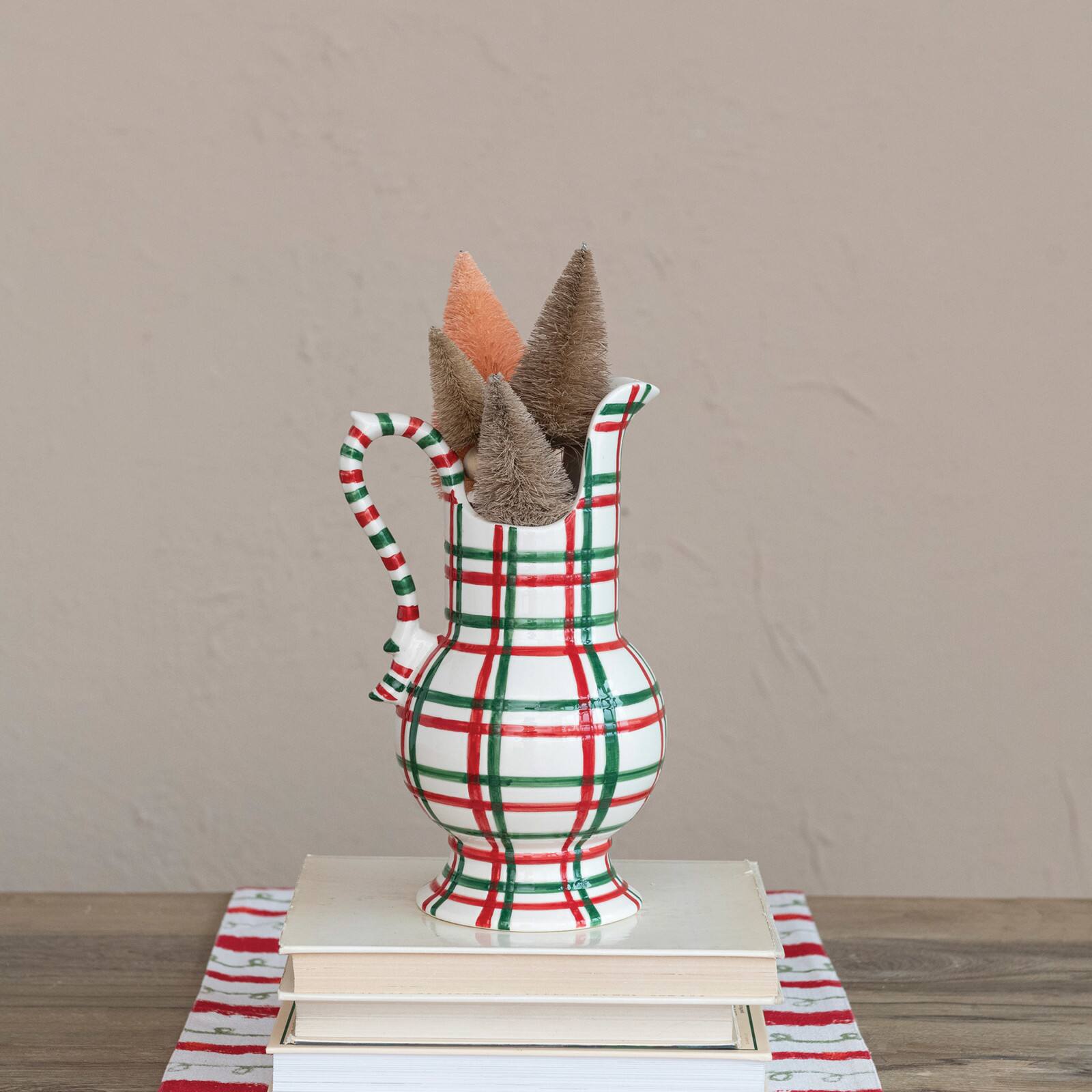 Hello Honey® 2qt. Red, Green & White Plaid Hand-Painted Stoneware Pitcher