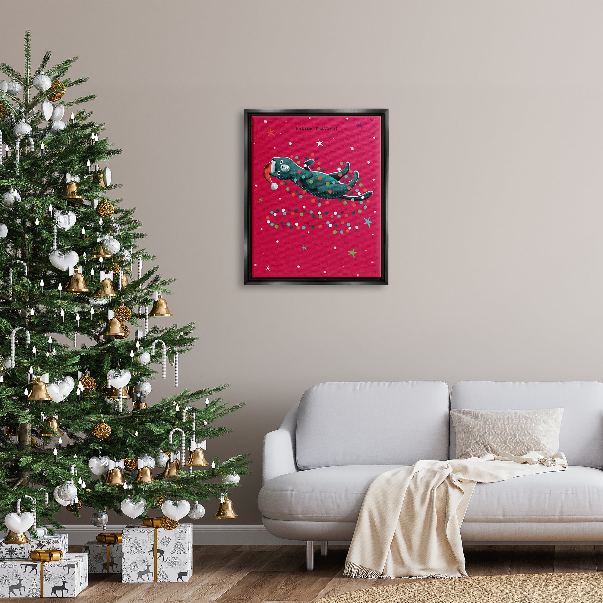 Stupell Industries Feline Festive Christmas Cat Black Framed Floater Canvas Wall Art