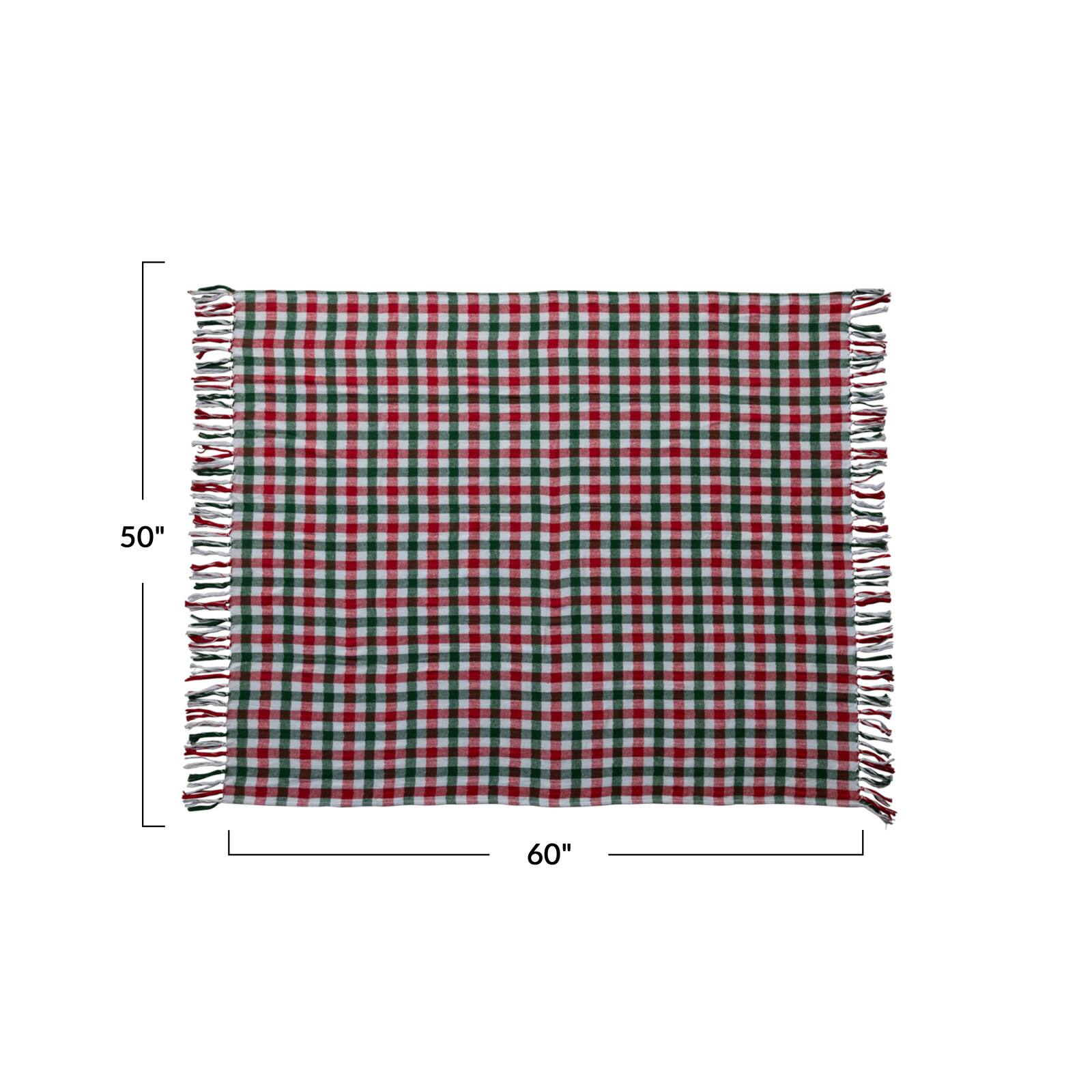 Hello Honey® 60" Red & Green Gingham Brushed Cotton Flannel Throw with Fringe