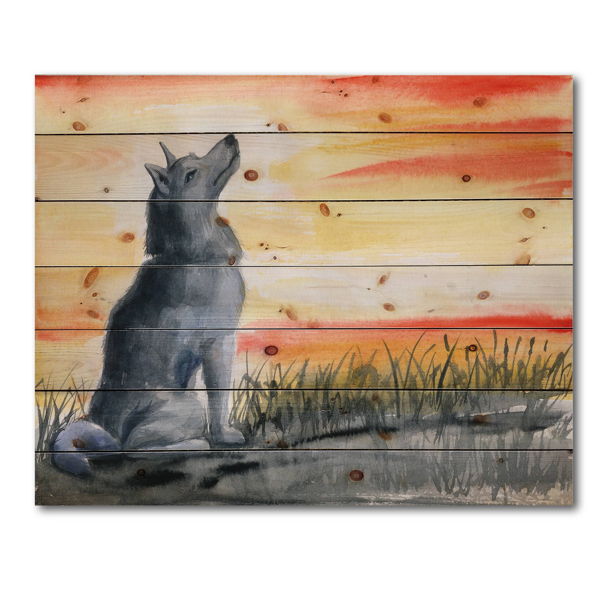 Designart - Grey Wolf Howling At The Moon - Traditional Print on Natural Pine Wood