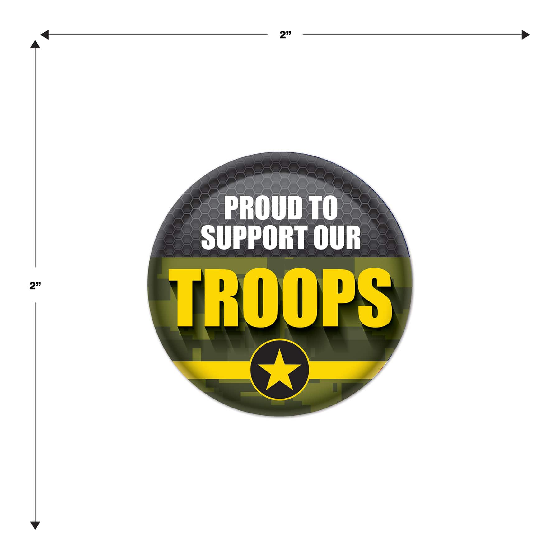 Beistle 2" Green Camouflage Proud To Support Our Troops Buttons, 6ct.