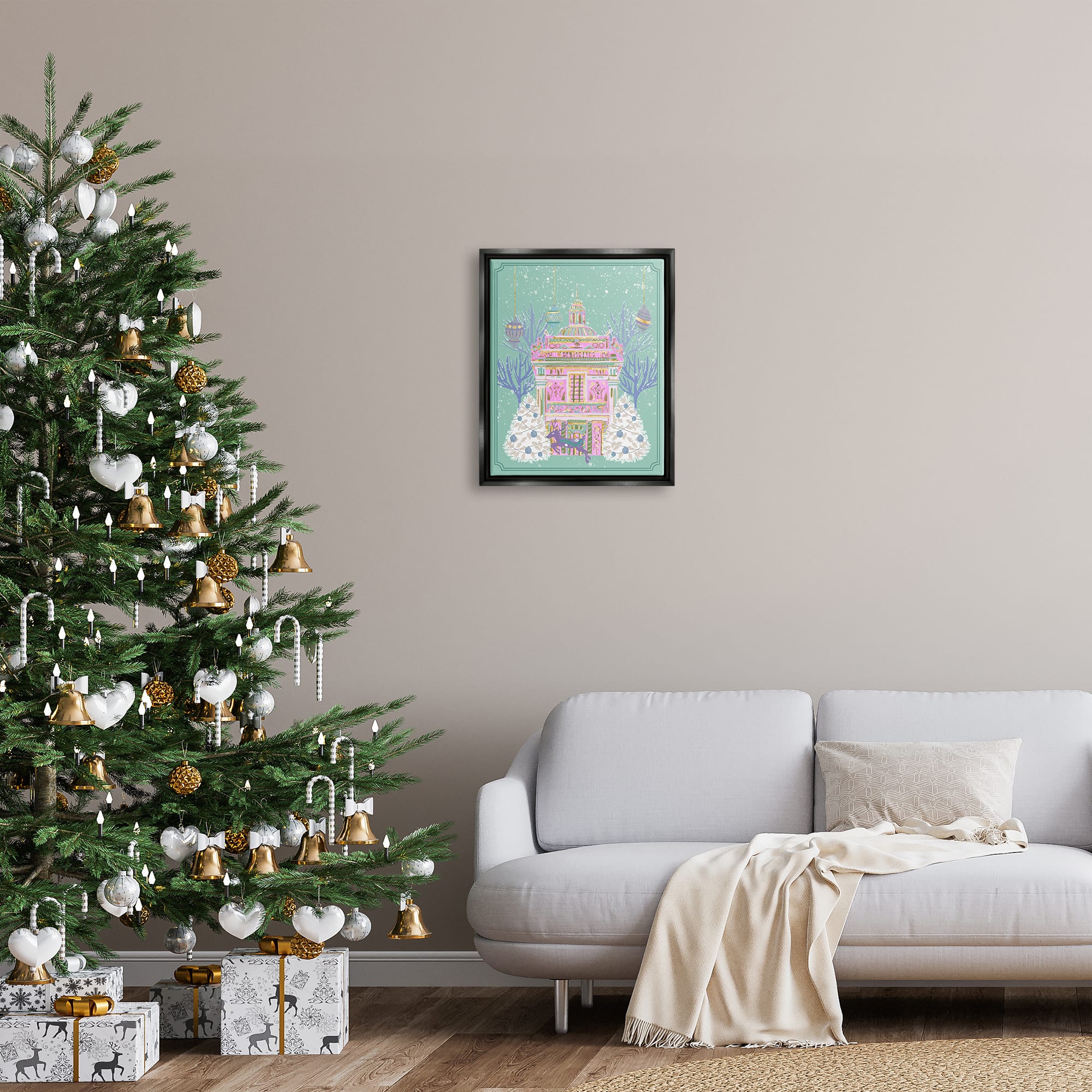Stupell Industries Pink Ornate Christmas Building Framed Floater Canvas Wall Art
