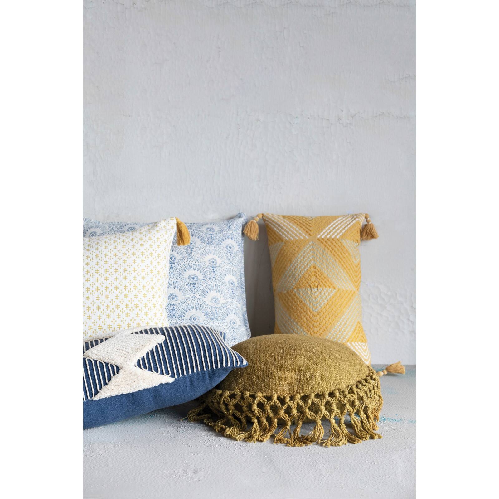 Hello Honey® Mustard Embroidered Cotton Lumbar Pillow with Tassels