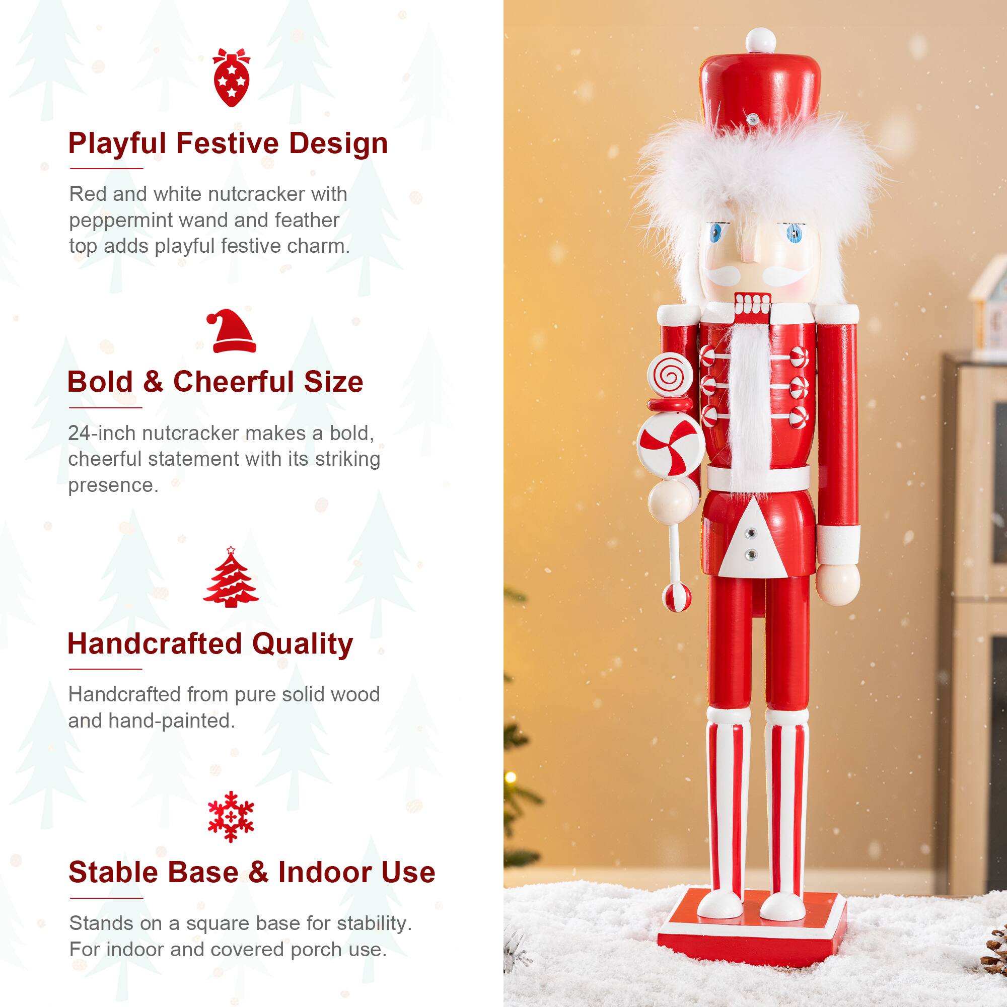 Glitzhome® 24.25" Wooden Christmas Peppermint Nutcracker