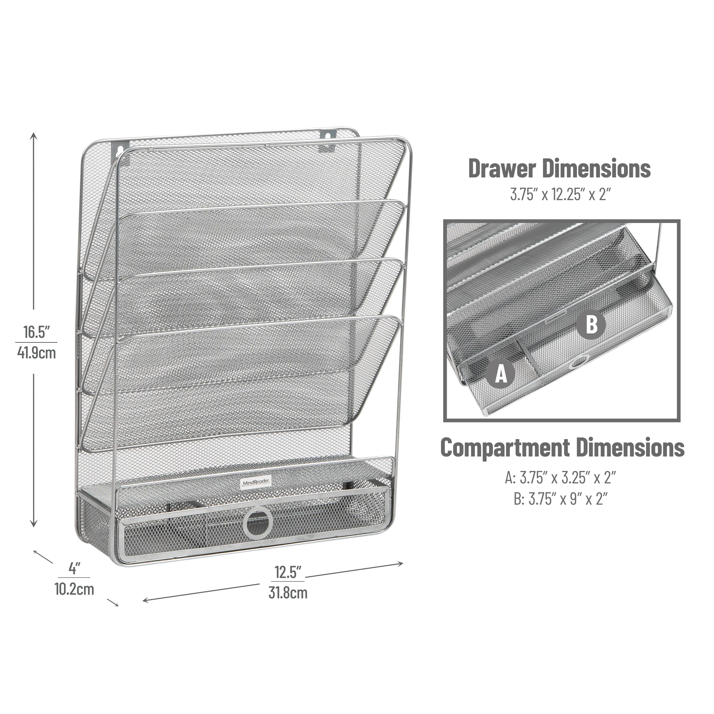Mind Reader 4-Tier Vertical File Storage, Desktop Organizer, Wall Mount, Office, Metal Mesh, 12.5"L x 4"W x 16.5"H, Silver