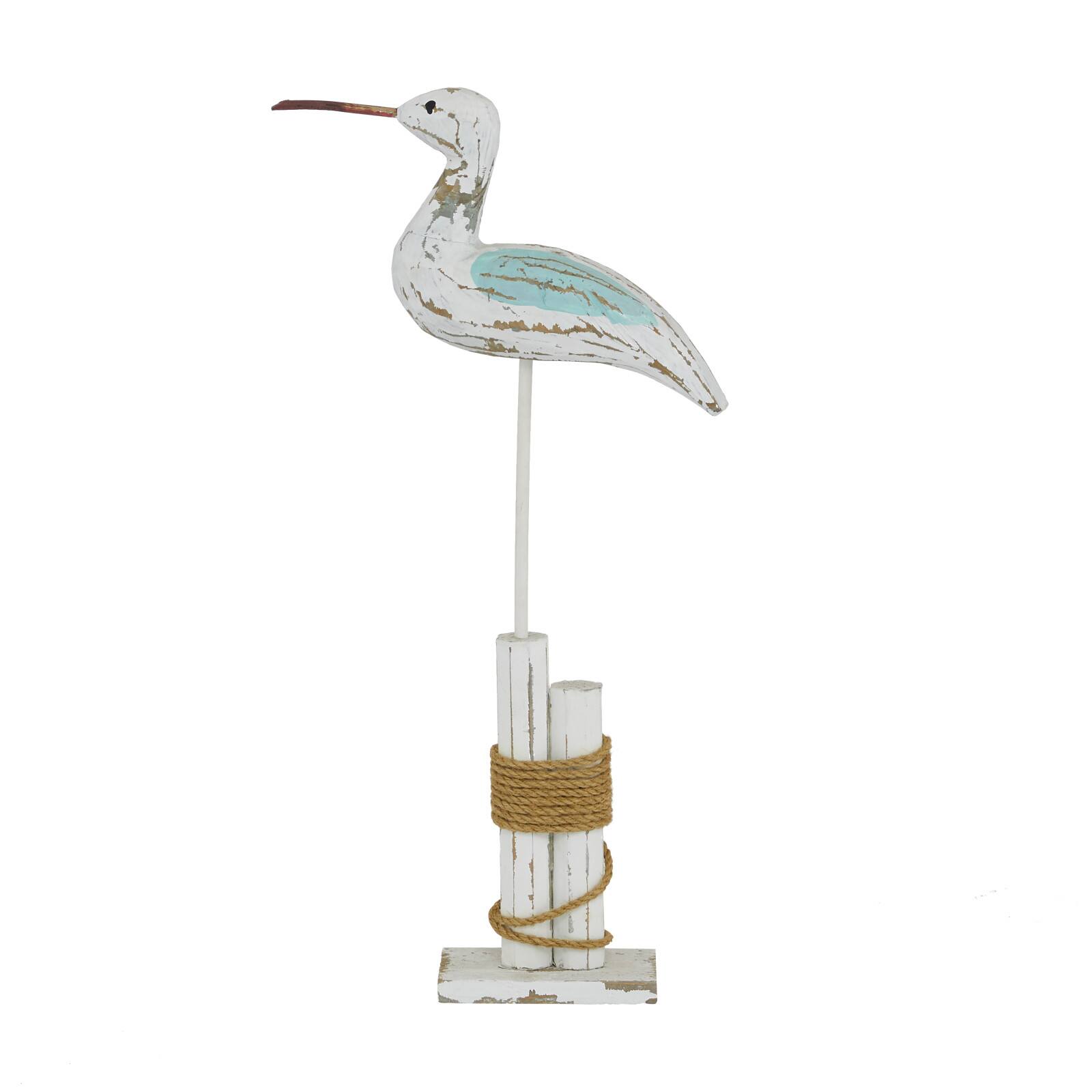 Coastal White Wood and Jute Seabird Sculpture, 21" x 12" x 3"