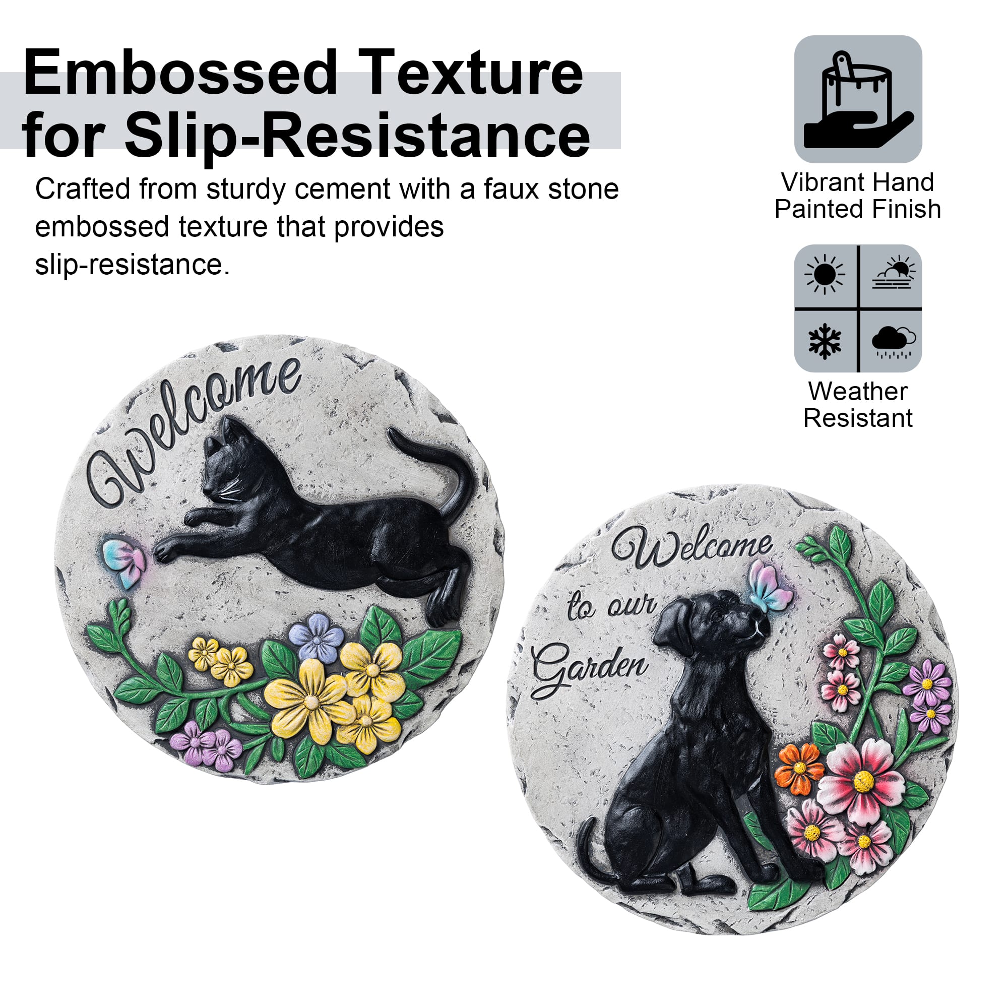 Glitzhome® 10" Set of 2 Cement Cat and Dog Textured Stepping Stones