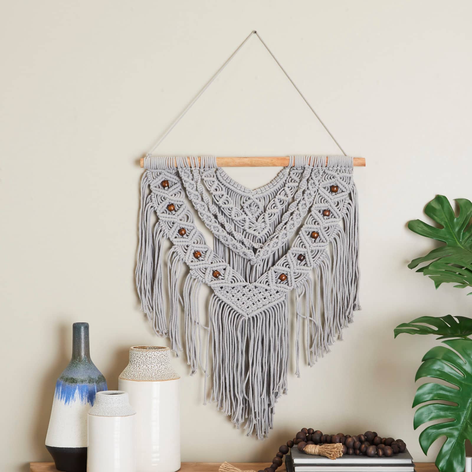 Gray Cotton Handmade Intricately Weaved Macrame Wall Decor with Beaded Fringe Tassels 32" x 1" x 42"